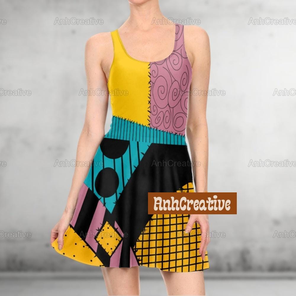 Nightmare Before Christmas Movie The Sally Cosplay Costume Skater Dress, Sally Doll Halloween Horror Mom Daughter Dress, Sally Dress