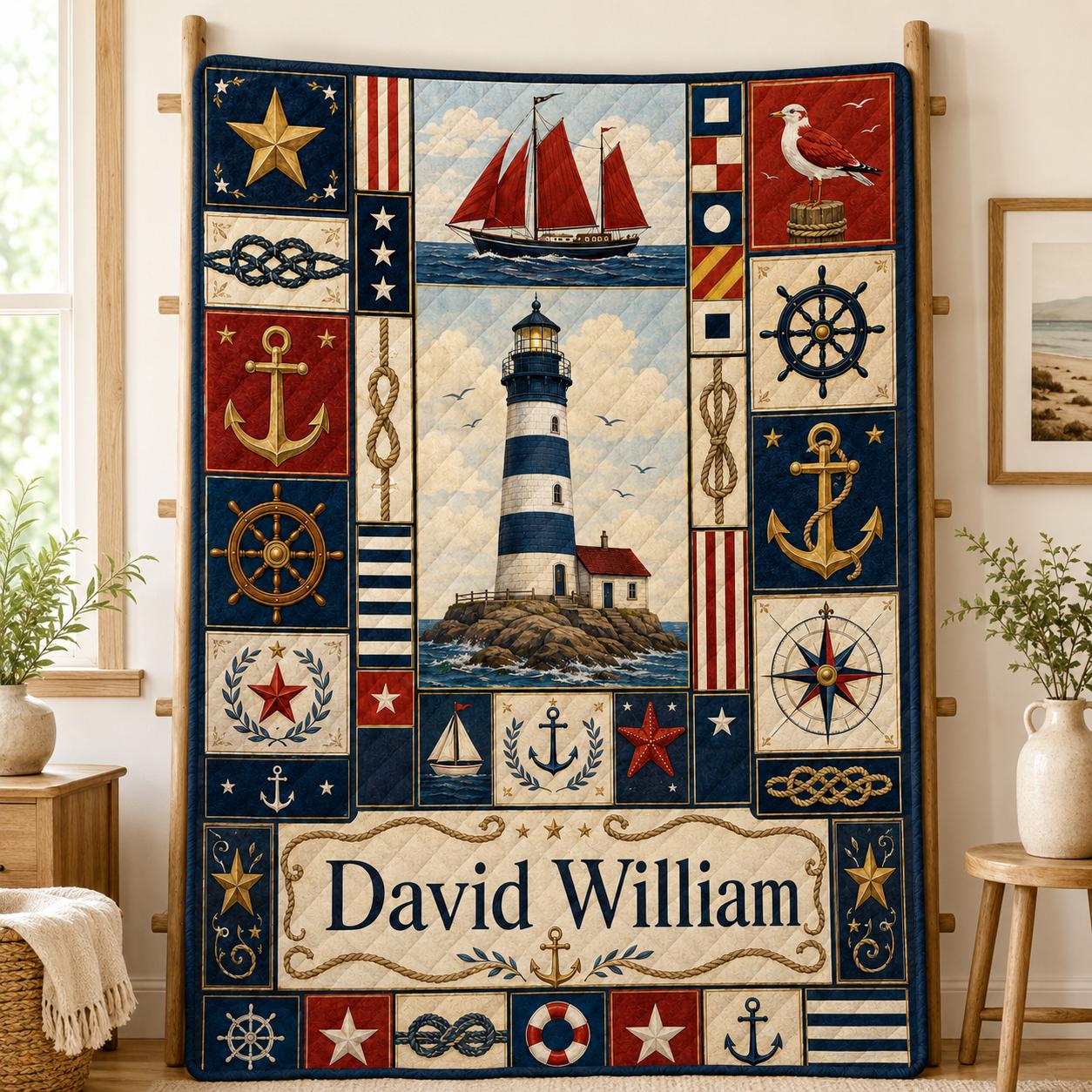 Personalized Nautical Quilt Blanket, Custom Name Lighthouse Throw, Sailboat Coastal Blanket, Navy Red Maritime Gift