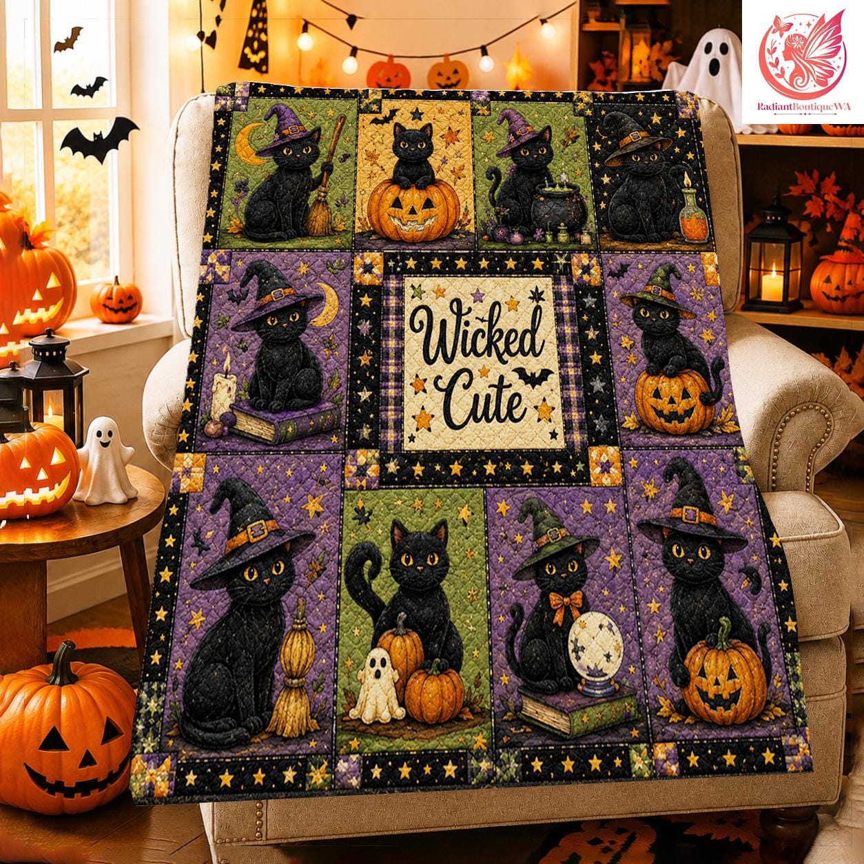 Personalized Halloween Black Cat Quilt Blanket, Witchy Cozy Fall, Autumn Home Decor