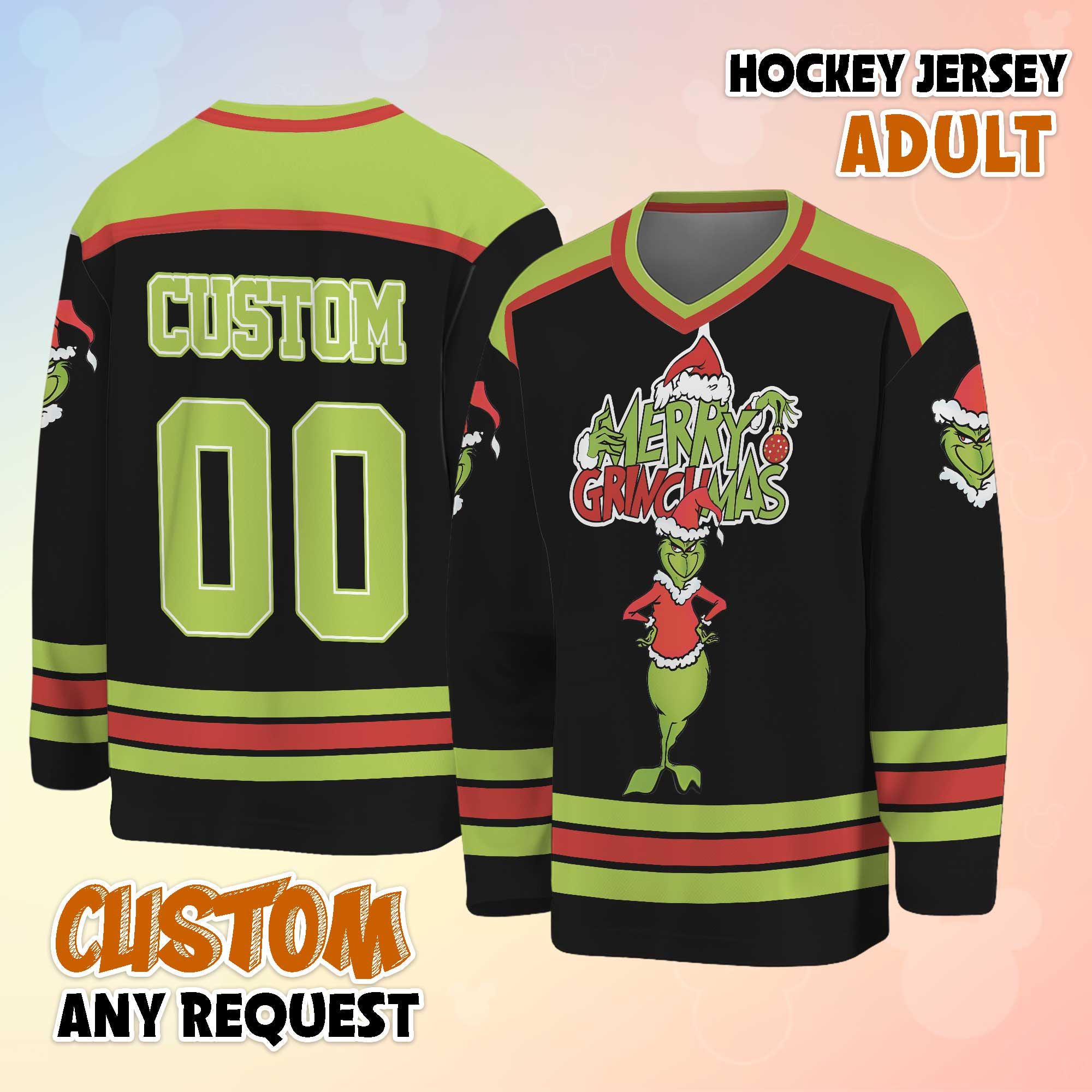 Personalized Merry Grin Black Hockey Jersey, Custom Christmas funny character Shirt, Holiday Team Outfit, Funny Xmas Gift