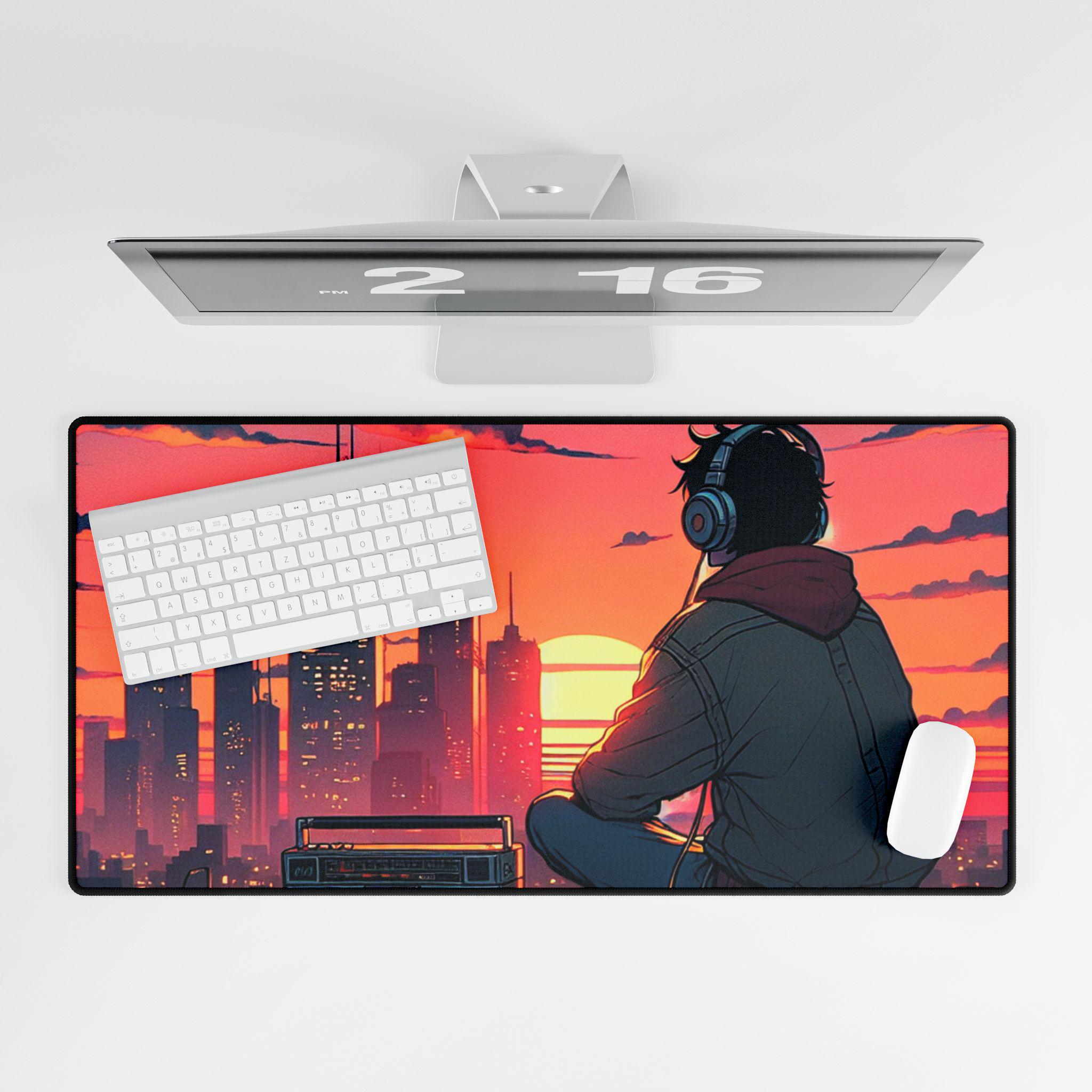Lofi Mouse Pad Urban Sunset Desk Mat, Aesthetic Office Accessories