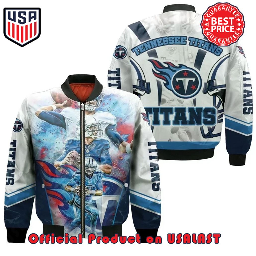 AFC SOUTH DIVISION TENNESSEE TITANS LOGO BOMBER JACKET WHITE AND BLUE DESIGN