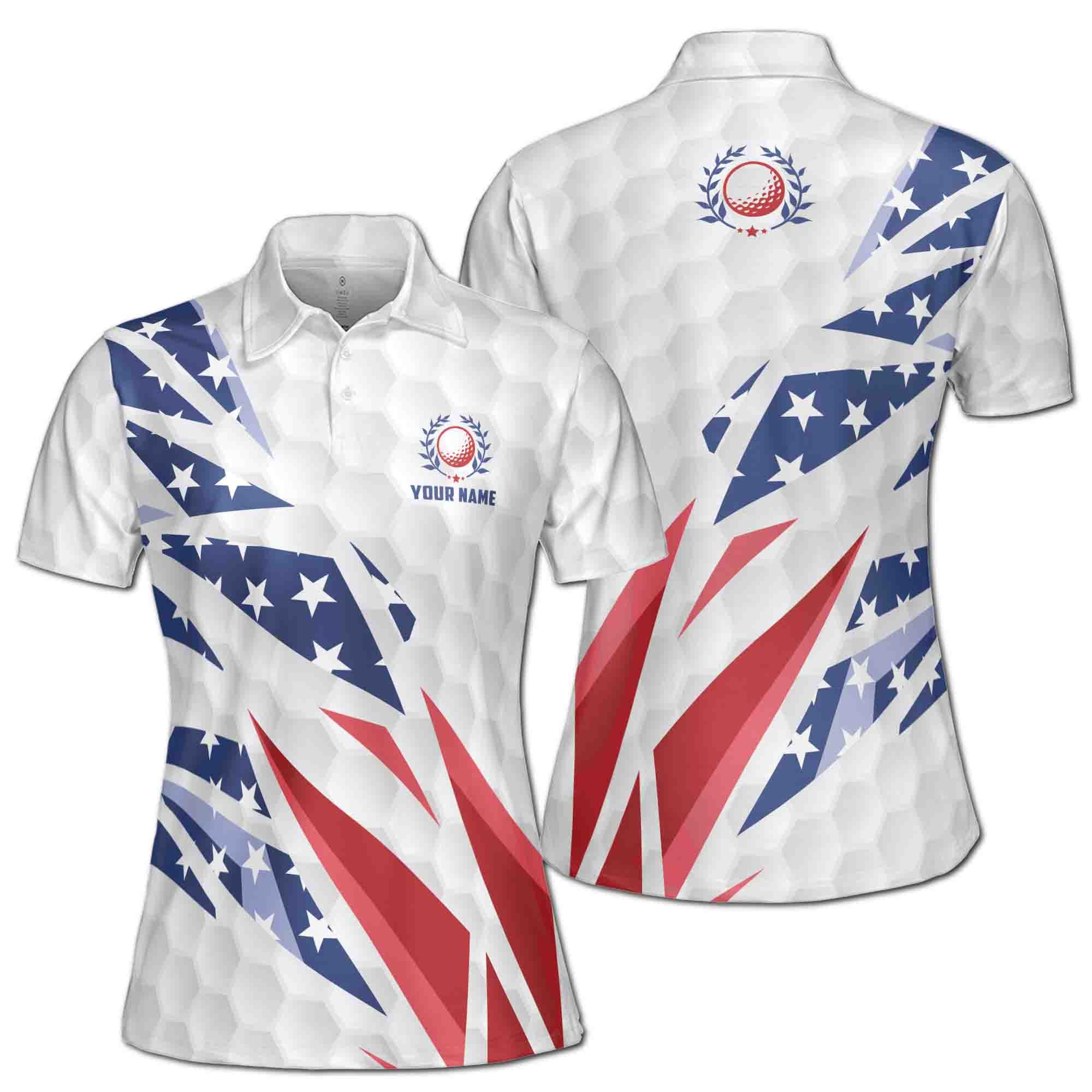 Custom Name Patriotic American Flag Golfer Love Golf Women's Polo Shirt