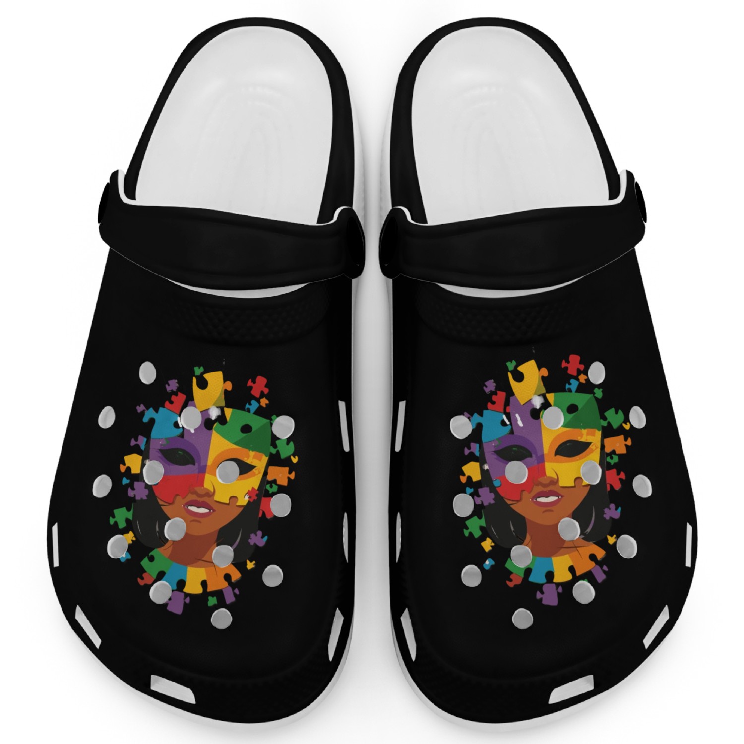 Black Female Face Silhouette Mask Puzzle Clogs