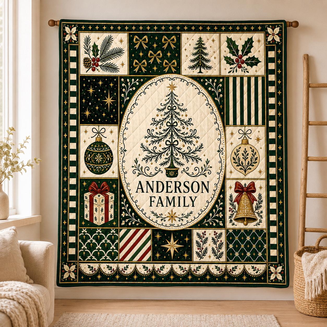Personalized Christmas Quilt Blanket, Custom Family Name Holiday Tree Patchwork Keepsake Quilt