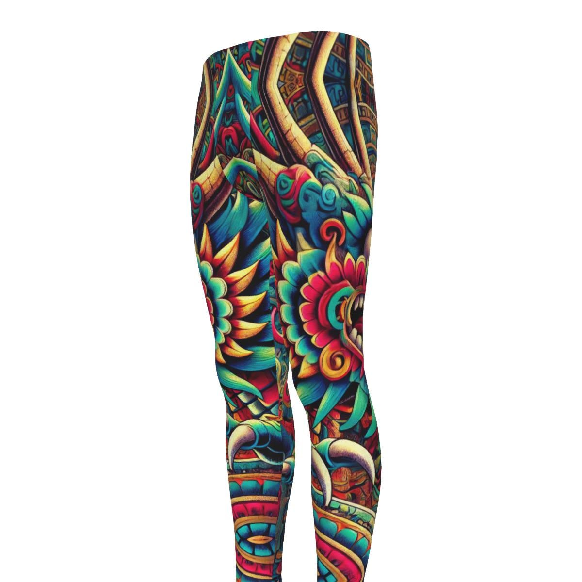 Aztec Dragon Men's Leggings for Martial Arts, Fitness, Running, Yoga, and Workout