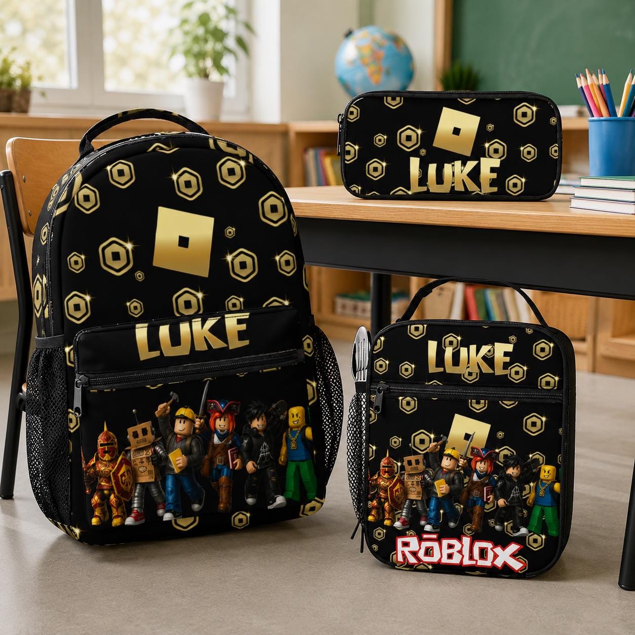 Personalized Roblox Backpack Set, Custom Name Kids School Backpack, Lunch Box and Pencil Case, Boys Gaming School Gift