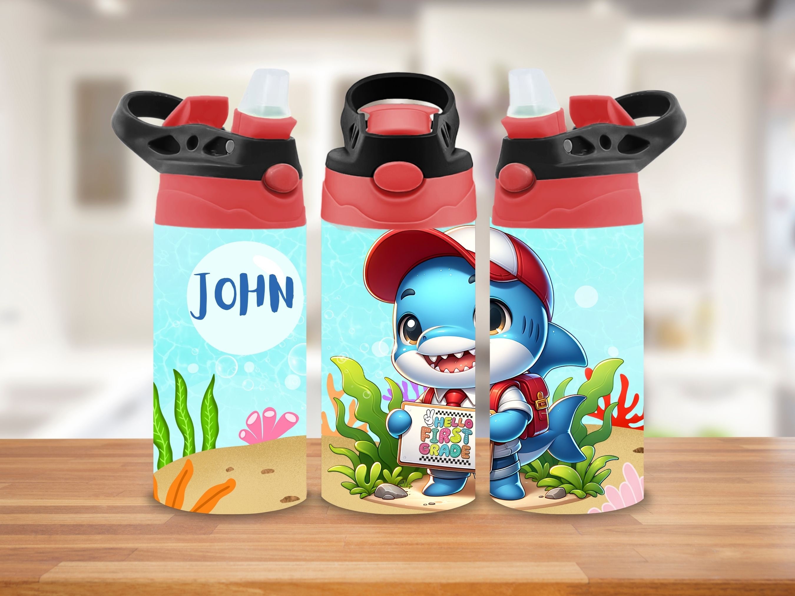 Hello First Grade Tumbler Wrap, 12 oz Tumbler, Shark Cup for Back to School, Add your name