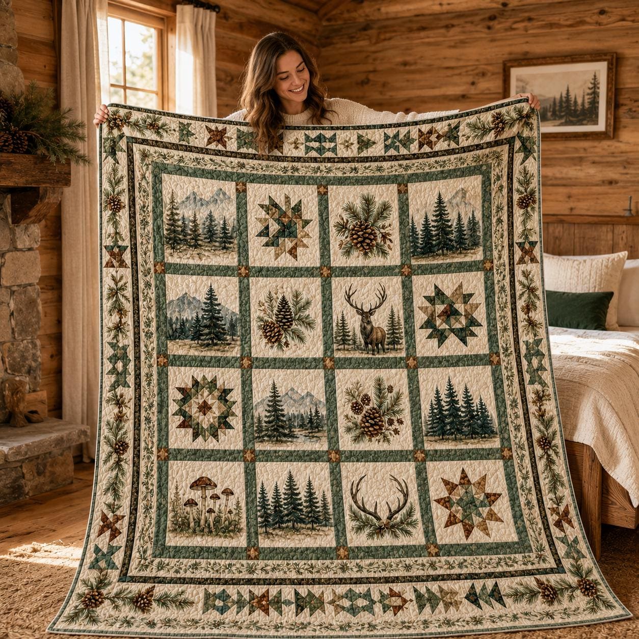 Rustic Pine Forest Quilt Blanket, Woodland Deer Cabin, Mountain Lodge Bedding Decor, Nature-Inspired Cozy Blanket