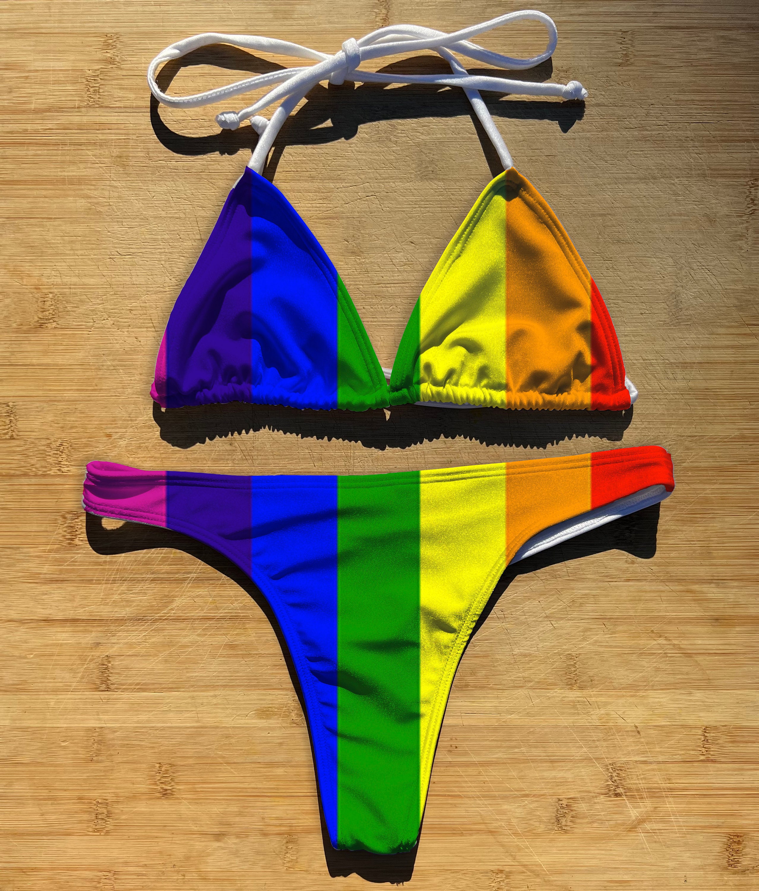 Swimwear Bikini 2 Piece Set | Gay Pride Flag | Thong Cheeky Full Coverage | Triangle String Tie Top Bathing Suit | Rainbow Parade LGBTQ
