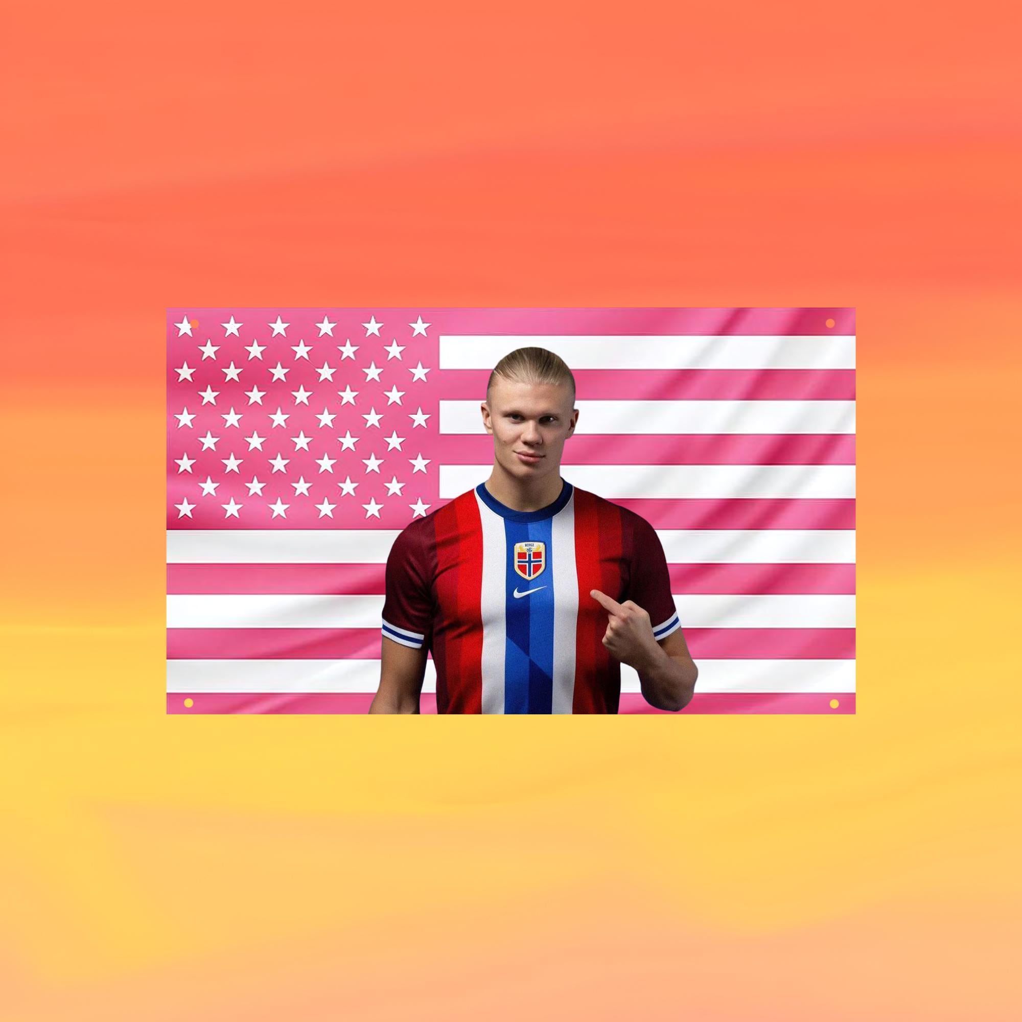 Erling Haaland Pink US Wall Tapestry Flag, Football Wall Art, Soccer Bedroom Decor, Sports Fan Banner