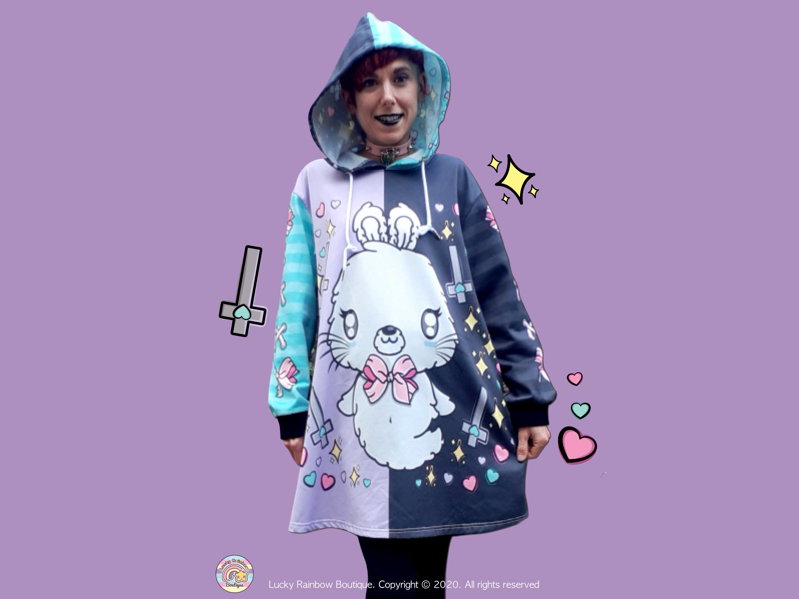 Ghost Bunny Sweater Dress, Pastel Goth Clothing, All Over Print Hoodie, Creepy Cute Shirt, Oversized Sweatshirt, Yami Kawaii Clothes