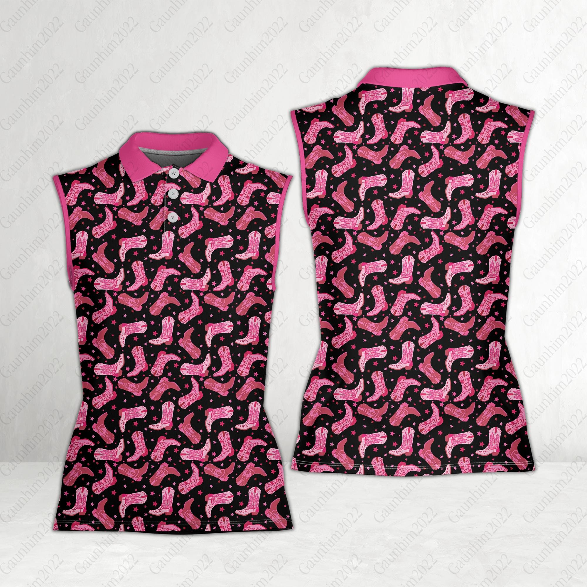 Western Cowgirl Golf Polo Shirt, Pink Cowboy Boots Women Polo Shirt, Sleeveless Polo For Western Ladies, Gifts For Golfers, Golf Lovers