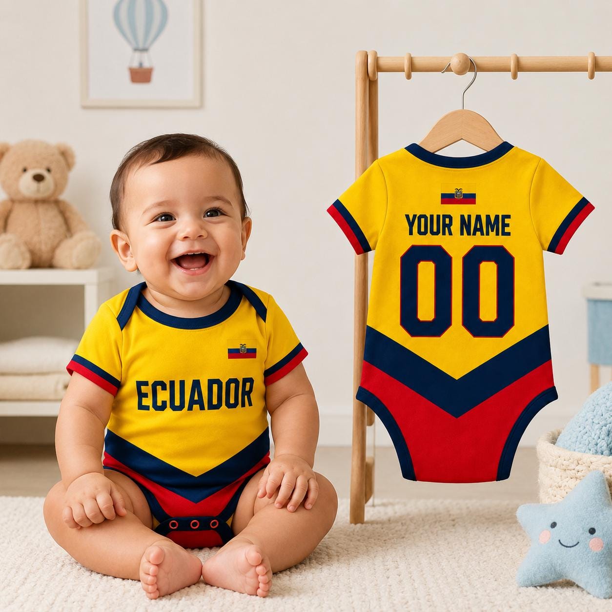 Personalized Ecuador Baby Soccer Bodysuit, Custom Name Number Infant Football Jersey, Ecuador Fan Baby Outfit, Ecuador Jersey Romper Gift