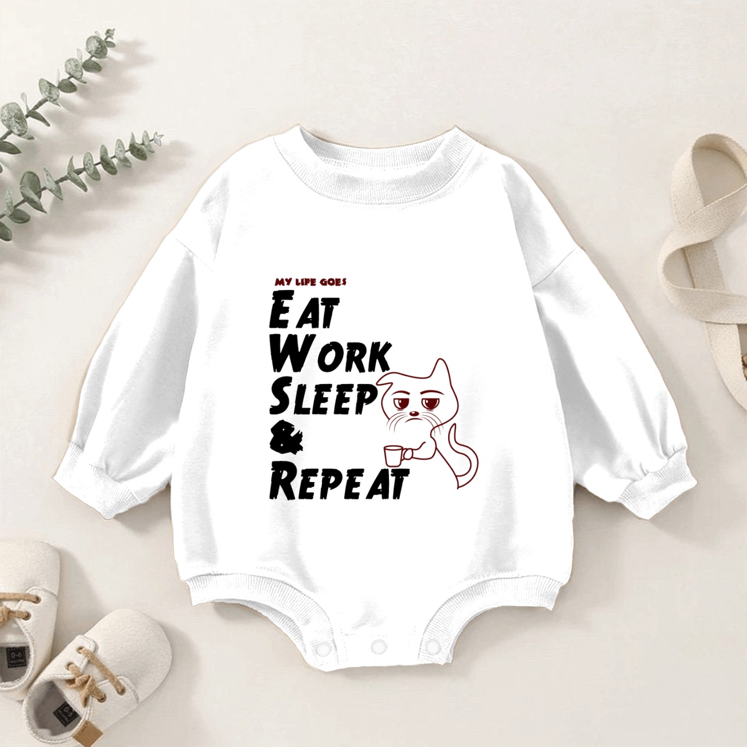 Eat Work Sleep & Repeat with a Tired Cat Baby Romper Sweatshirts