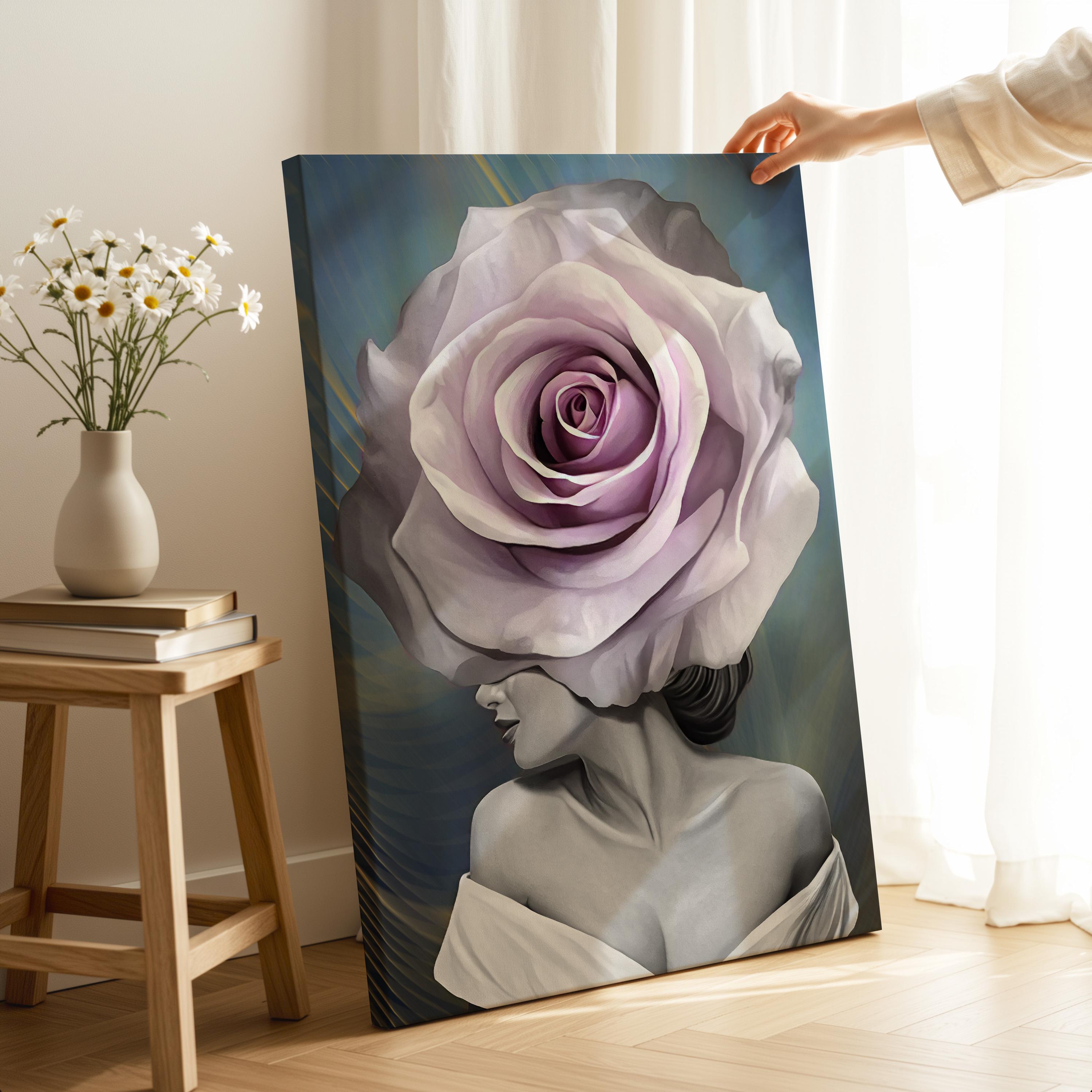 Floral Woman Portrait Canvas Wall Art - Rose Head Female Print, Ready to Hang