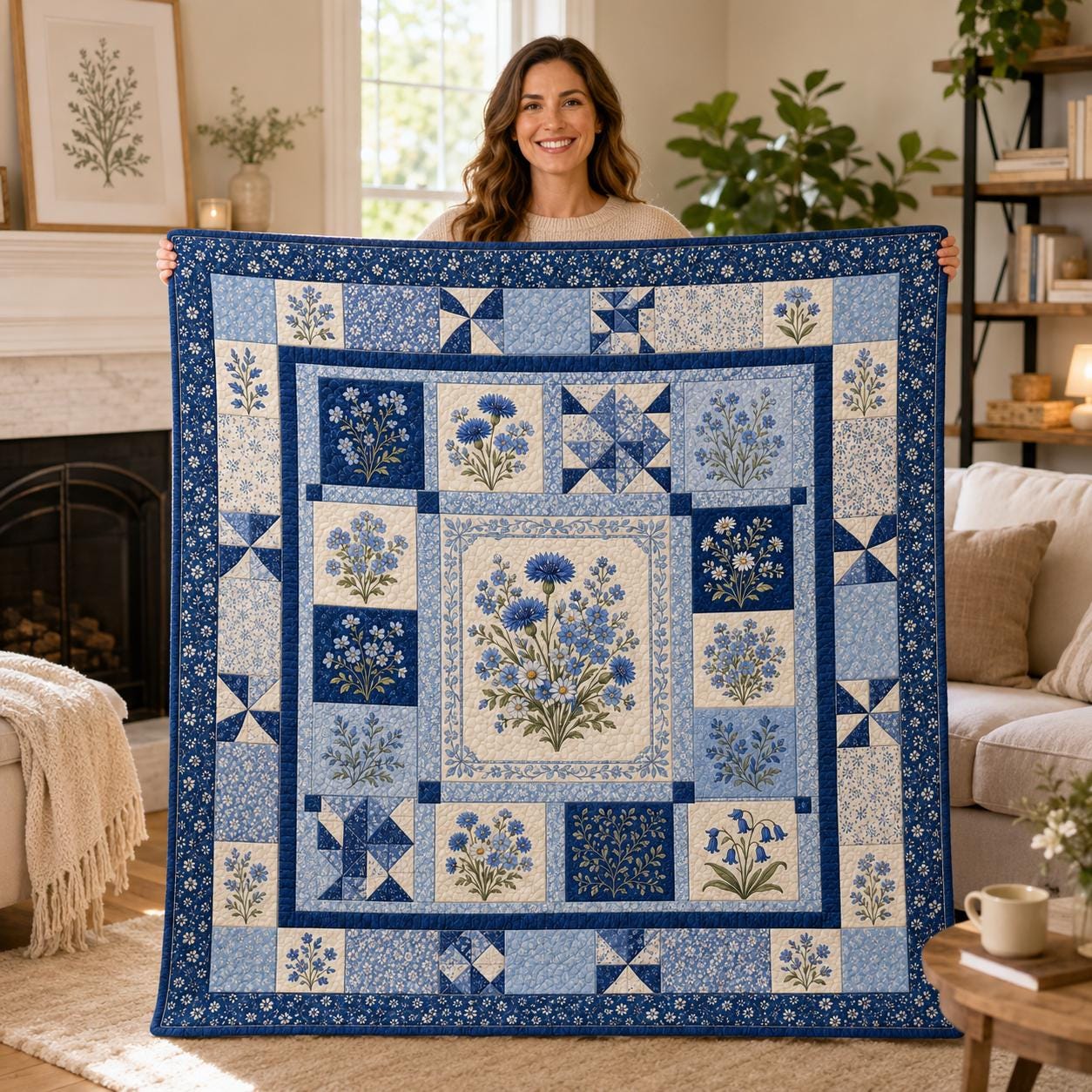 Blue Forget Me Not Floral Quilt Blanket, Cottagecore Botanical Bedding, Garden Gift