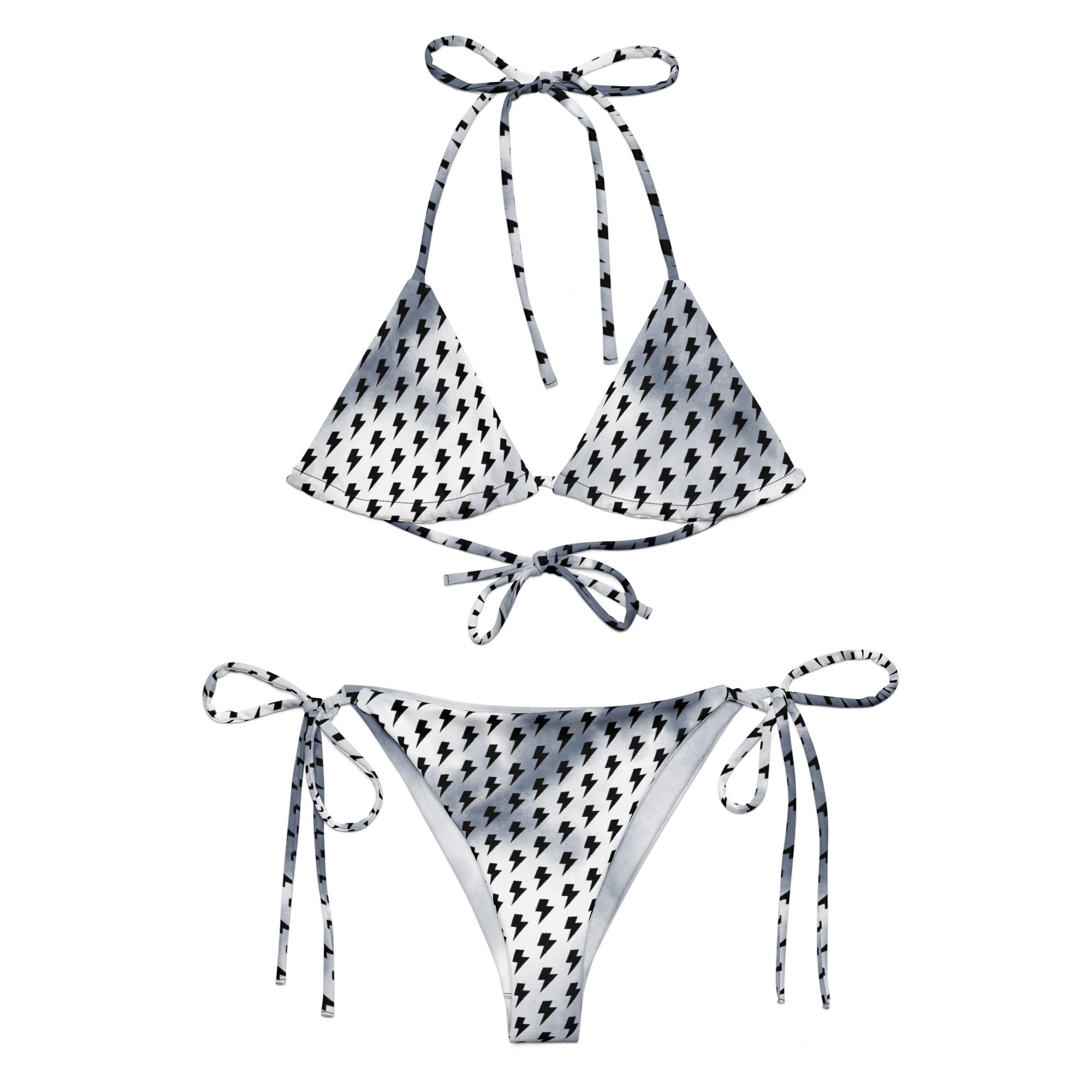 Eco-Friendly Black Lightning String Bikini, Storm Cloud Bikini, Gray & White Tie-Dye Print Swimsuit, Unique Chic Alternative Swimwear