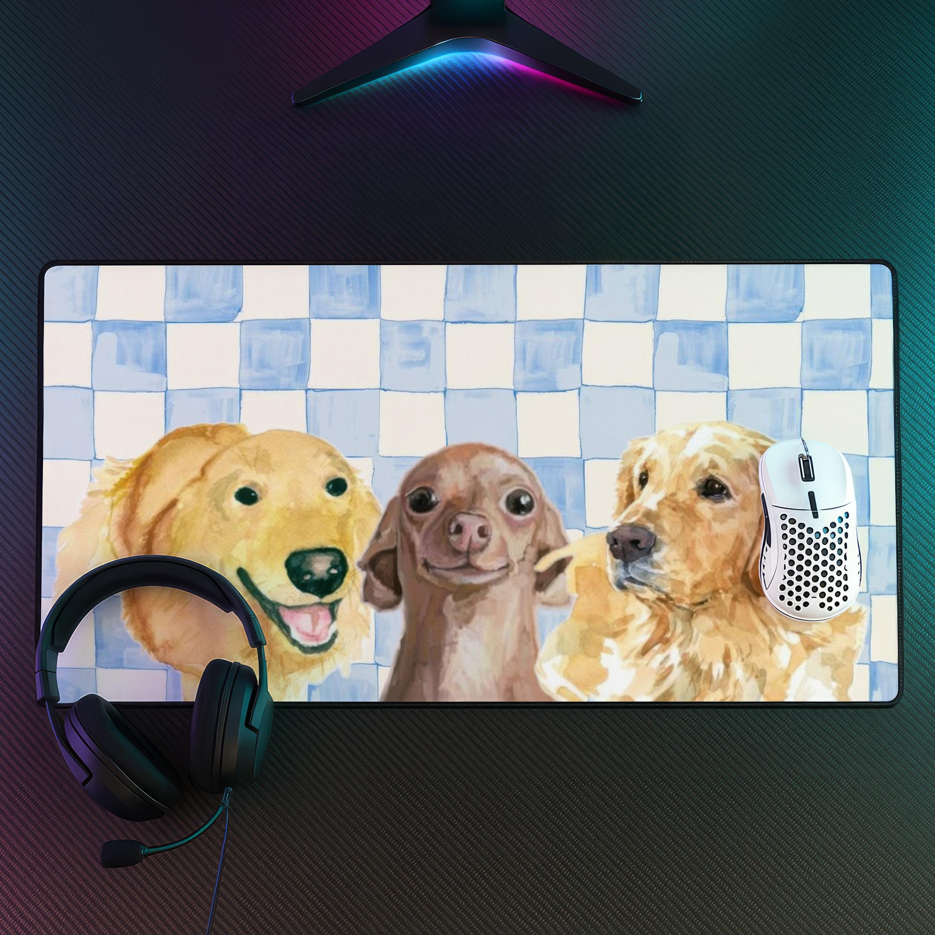 Cute Dog Desk Mat, Labrador Puppy Mouse Pad, Golden Retriever Mousepad, Checkered Desk Pad, Dog Lover Office Decor