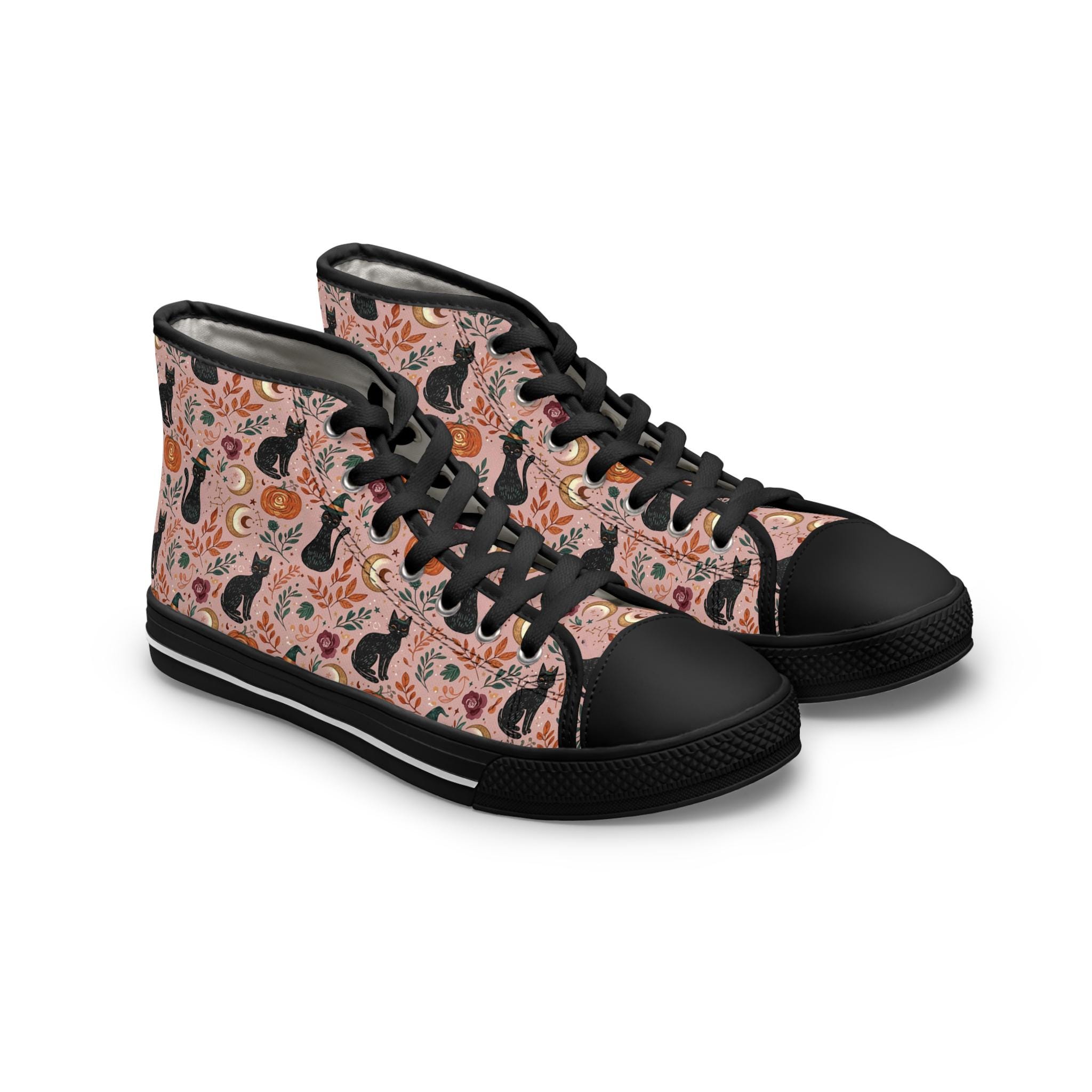 High Top Sneakers, Black Cat Crescent Moon Shoes, Women's Sneakers, Cat Lover Gifts, Moon Print Shoes, Unique Fashion Footwear