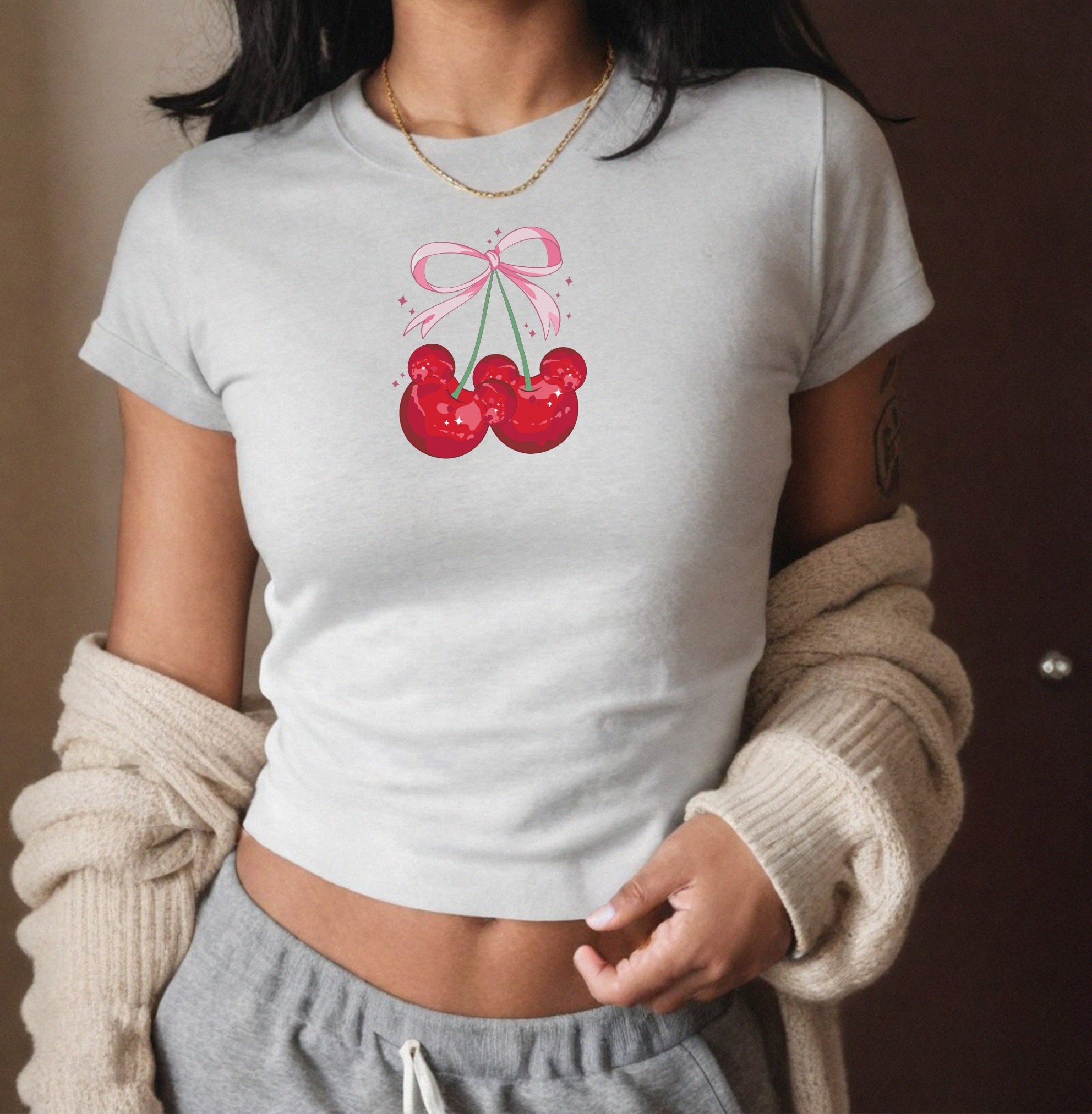 Cherry Mouse Coquette Baby Tee, Bow Womens