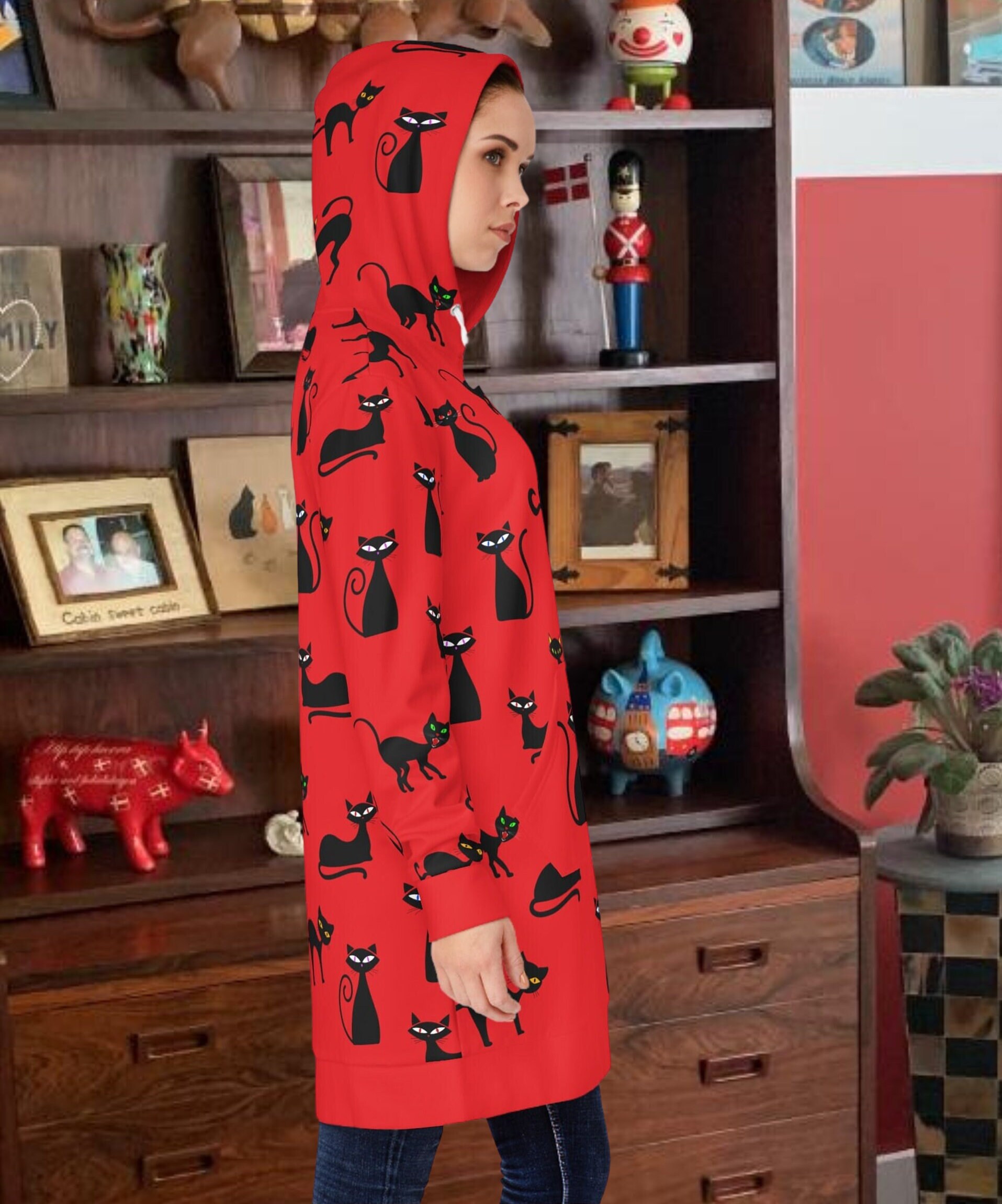 Vintage Black Cats Women's Red Hoodie Dress (AOP)