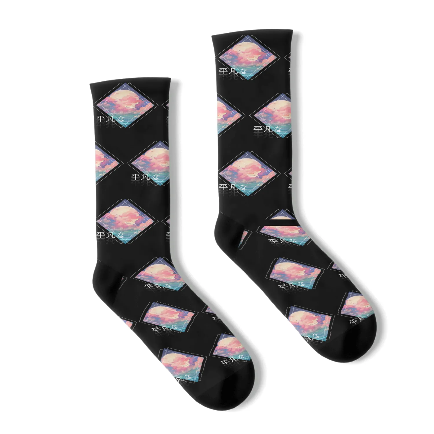 Sky Full Moon Clouds Kawaii Lofi Japanese Anime Ae Socks