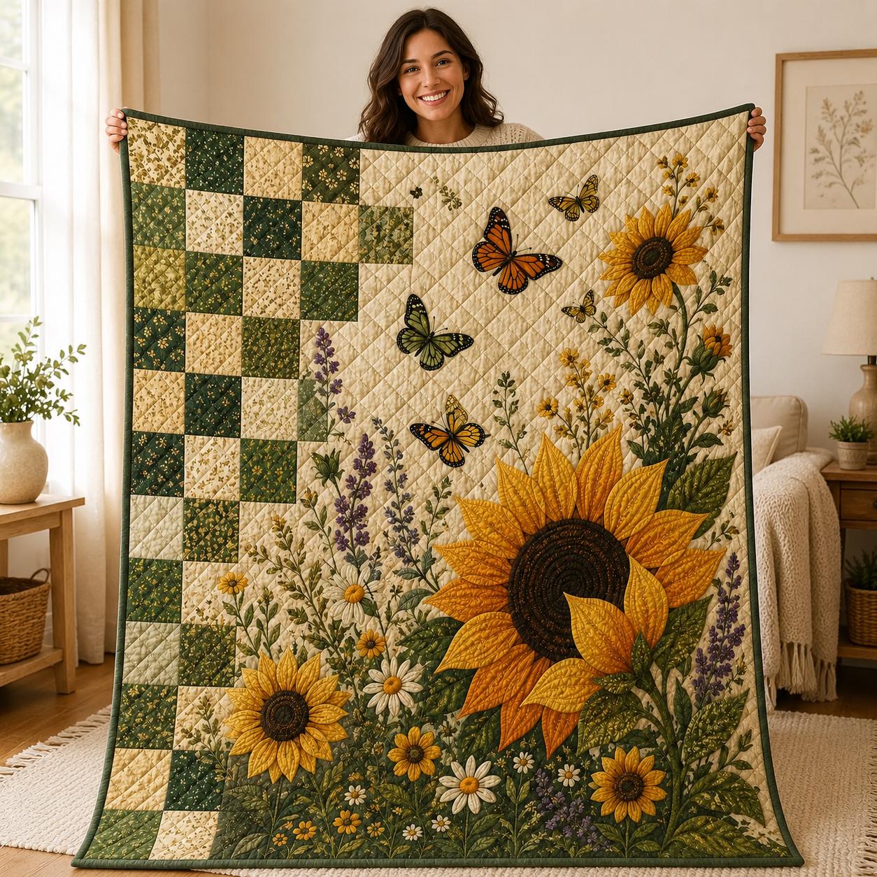 Sunflower Quilt Blanket, Butterfly Floral, Wildflower Garden Bedding, Rustic Farmhouse Quilt, Botanical Cottagecore Home Decor