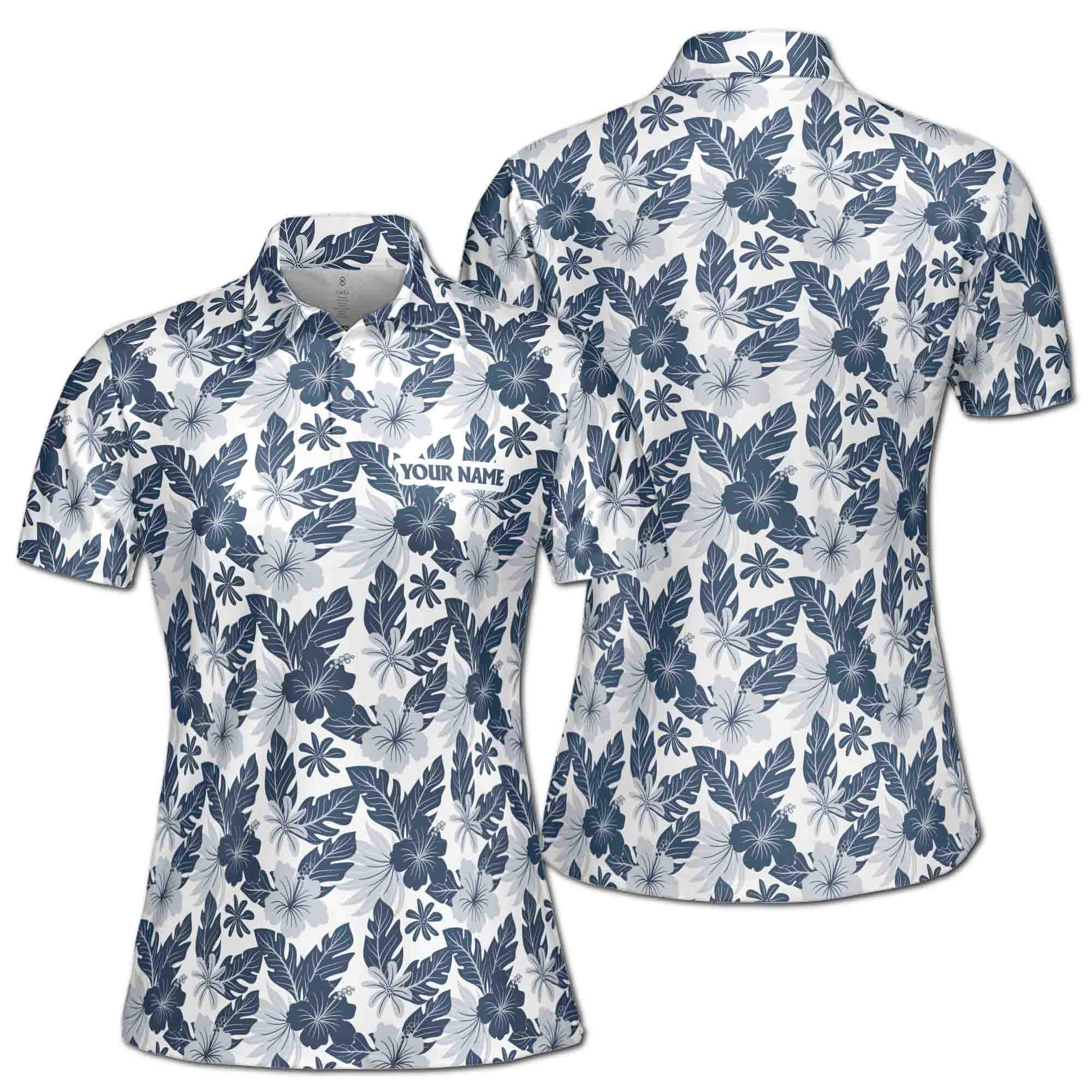 Custom Name Gray Floral Palm Leaf Women's Polo Shirt