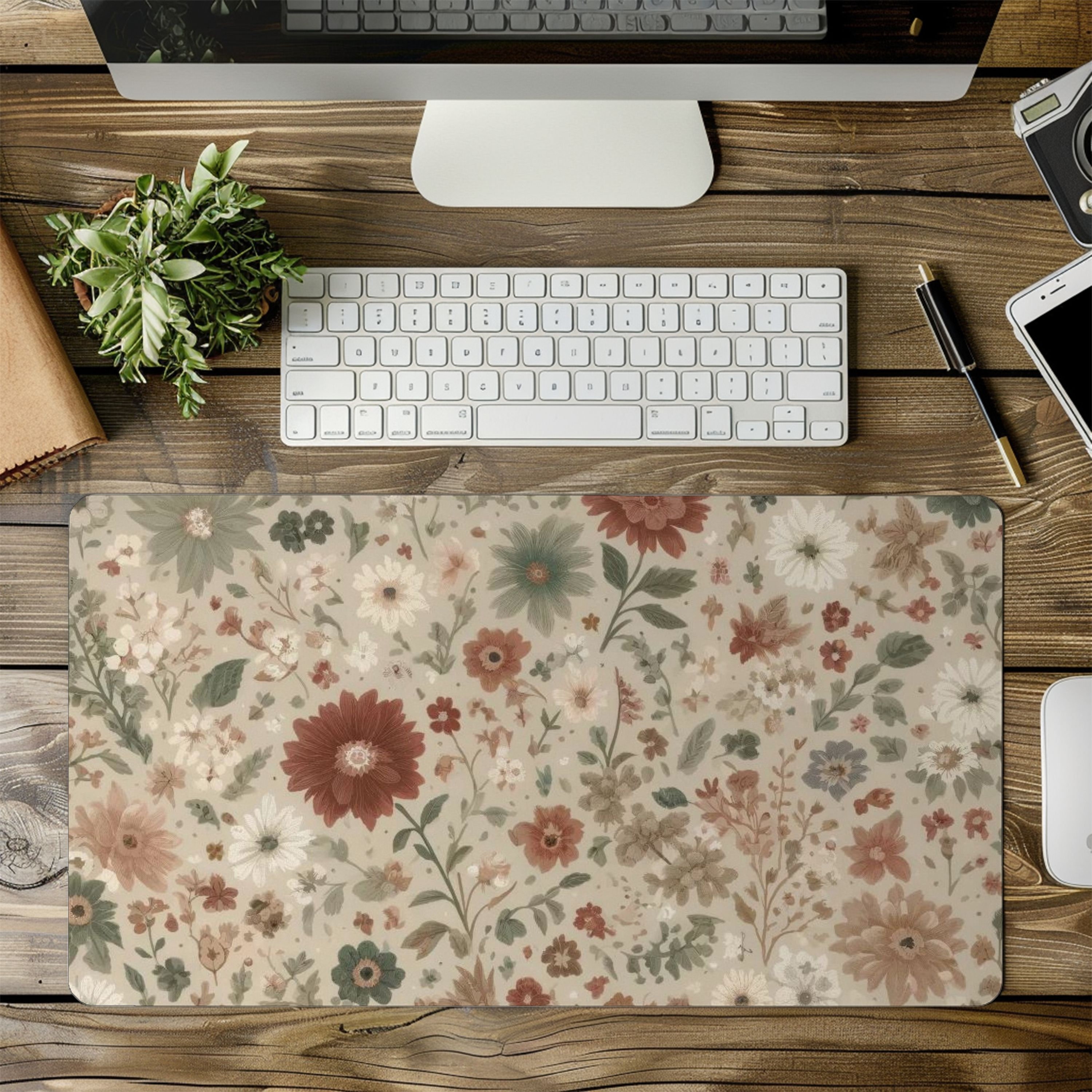 Bohemian Wildflower Desk Mat - Neutral Tones Mousepad - Cottagecore Desk Pad