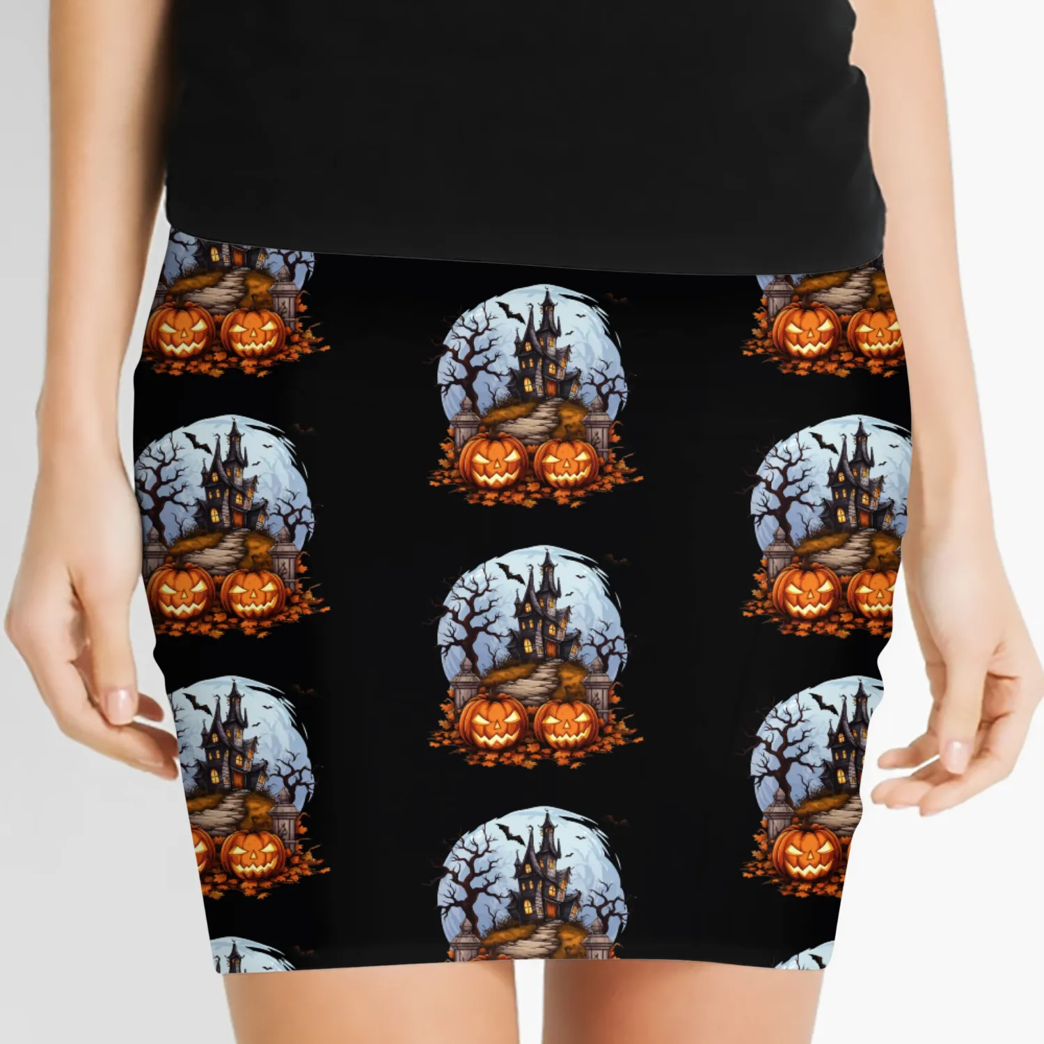 Spooky Haunted House Halloween Pumpkin Bat Women's Mini Skirts
