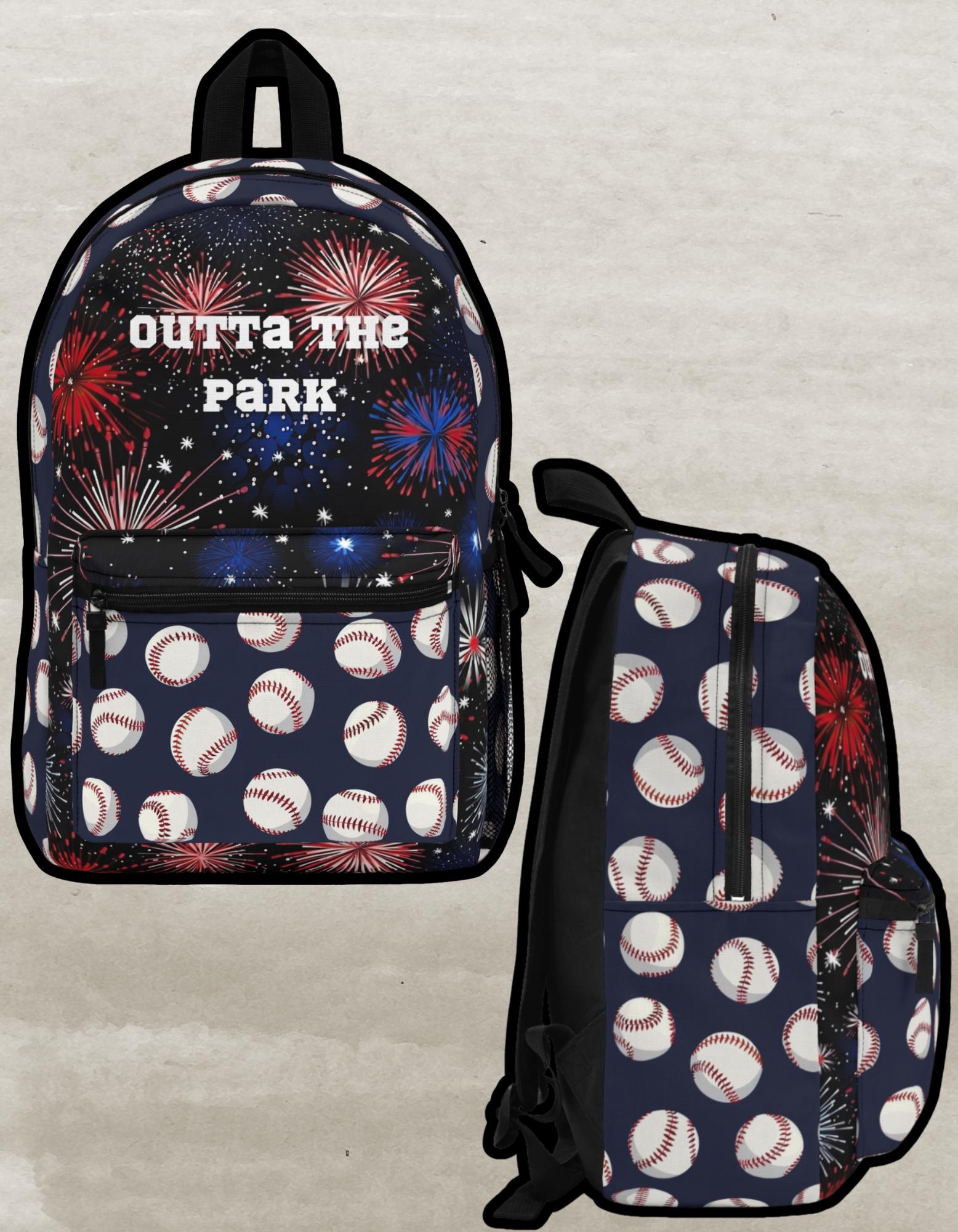 Outta the Park Baseball Backpack for Back to School, Fireworks and Baseball Design, Sports School Bag, Patriotic Kid Backpack,Back to School
