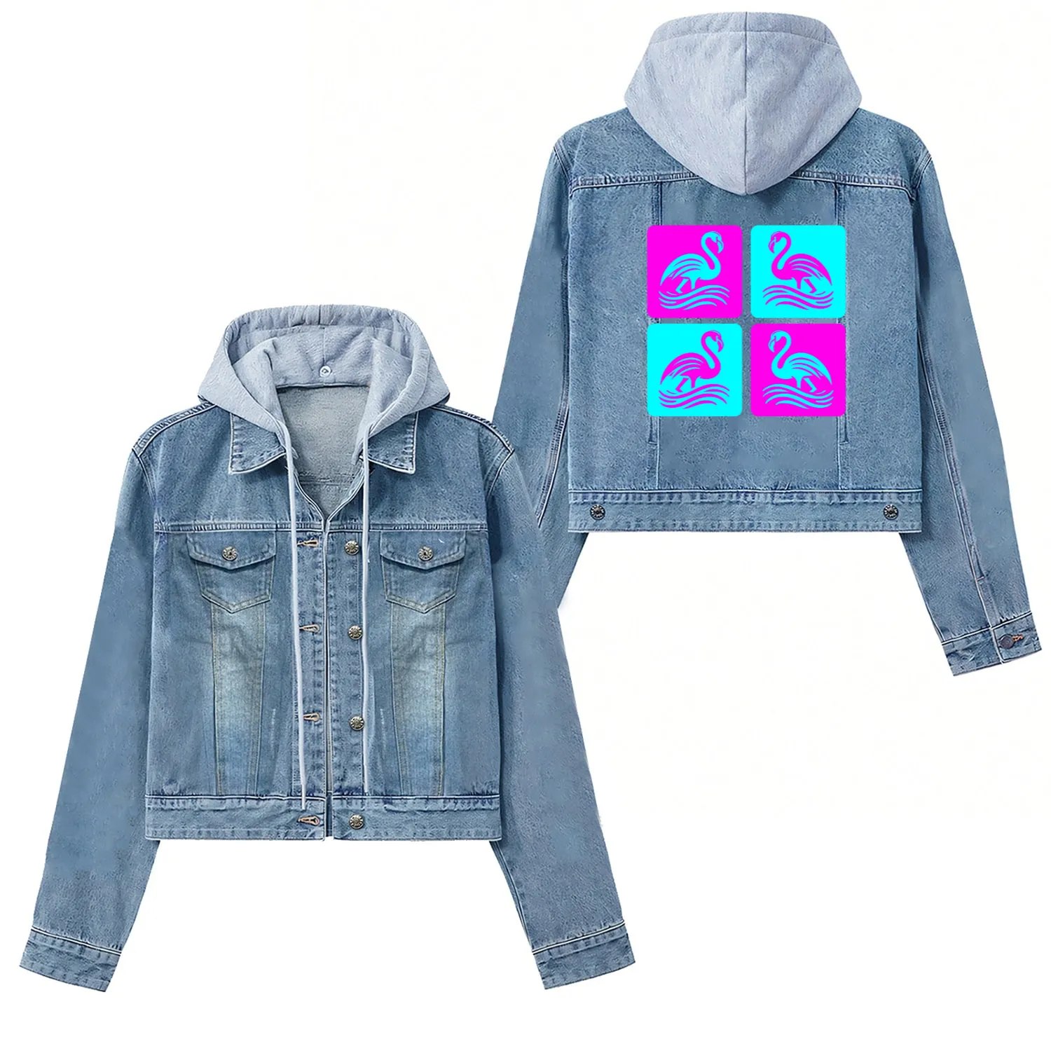 Flamingo Waves Pop Art Women's Denim Jackets