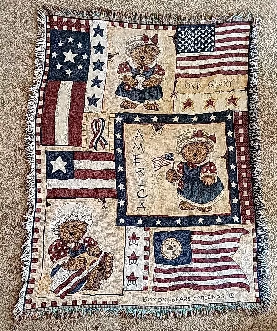Patriotic Boyds Bears & Friends Tapestry Throw Blanket Vtg Flag USA America SEE
