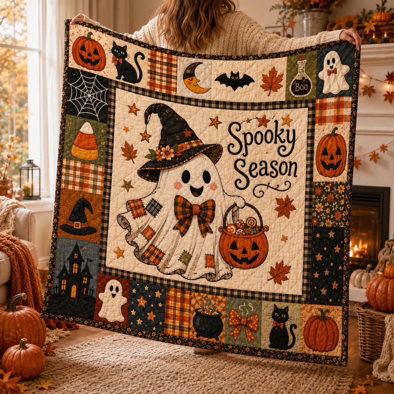 Halloween Quilt Blanket, Spooky Season, Pumpkin Patchwork Blanket, Fall Cozy Decor, Halloween Bedding Gift