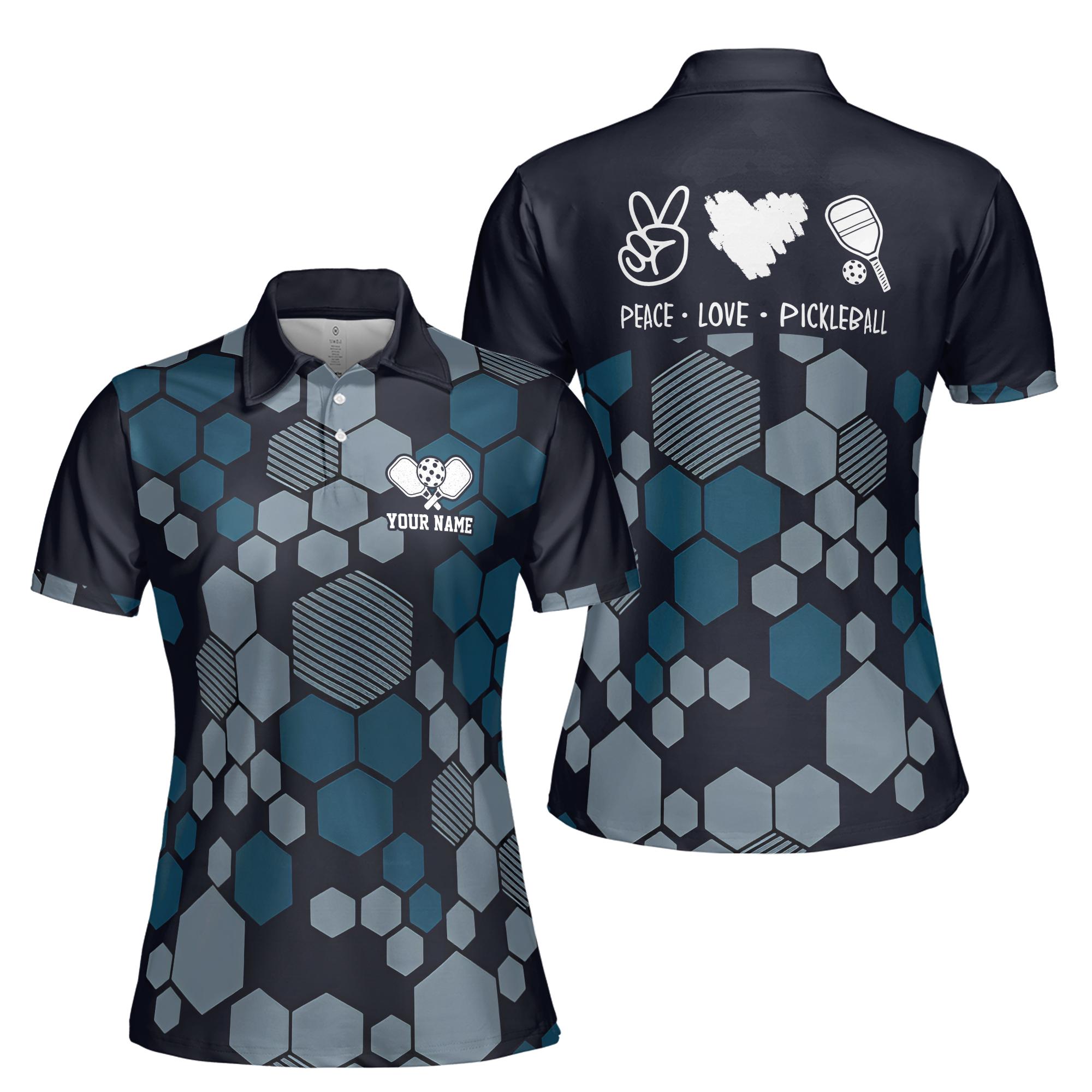Custom Name Love Peace Pickleball Hexagon Pattern Women's Polo Shirt
