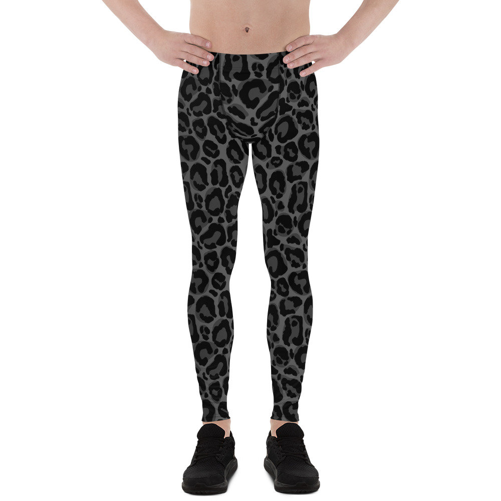 Black Leopard Men Leggings, Animal Print Panther Cheetah Jaguar Grey Guys Male Running