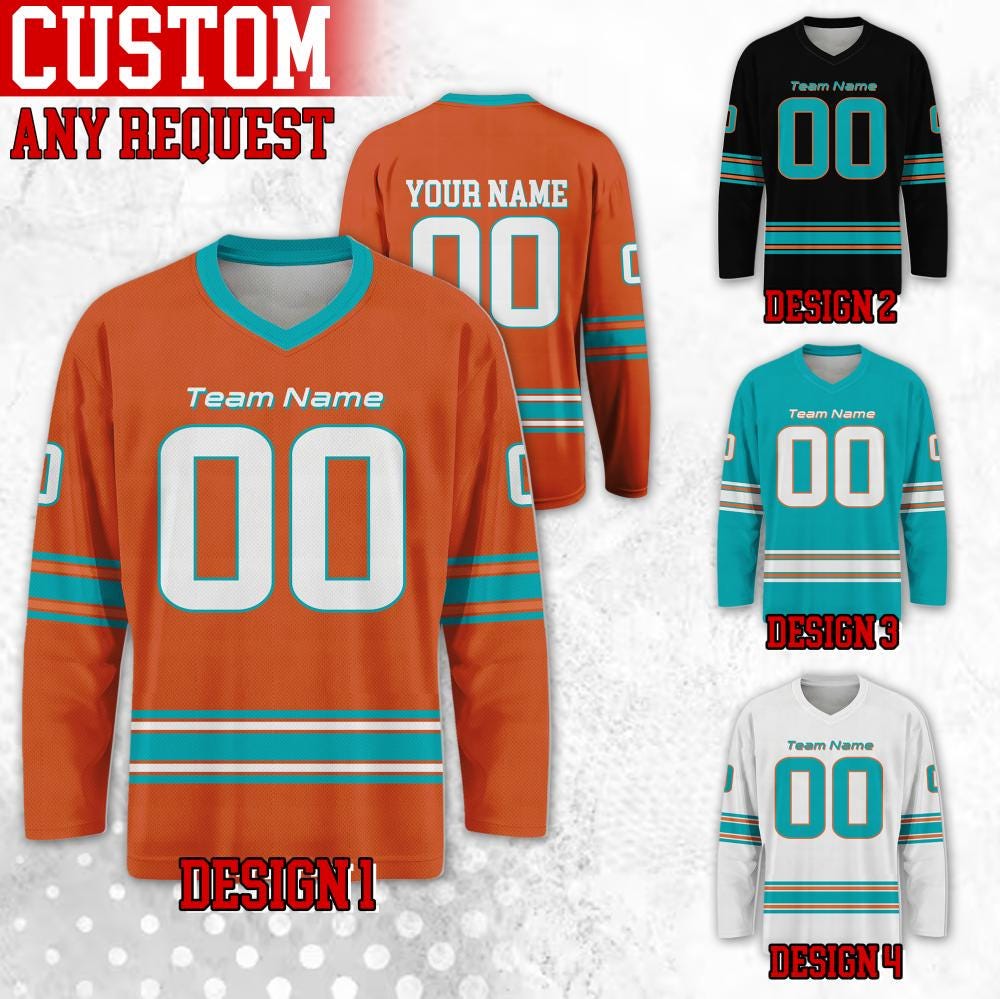 Custom Famous Miami Football Team Hockey Jersey, Custom Name Number Team Dolphin Football Long Sleeve Jersey, Gift For Birthday
