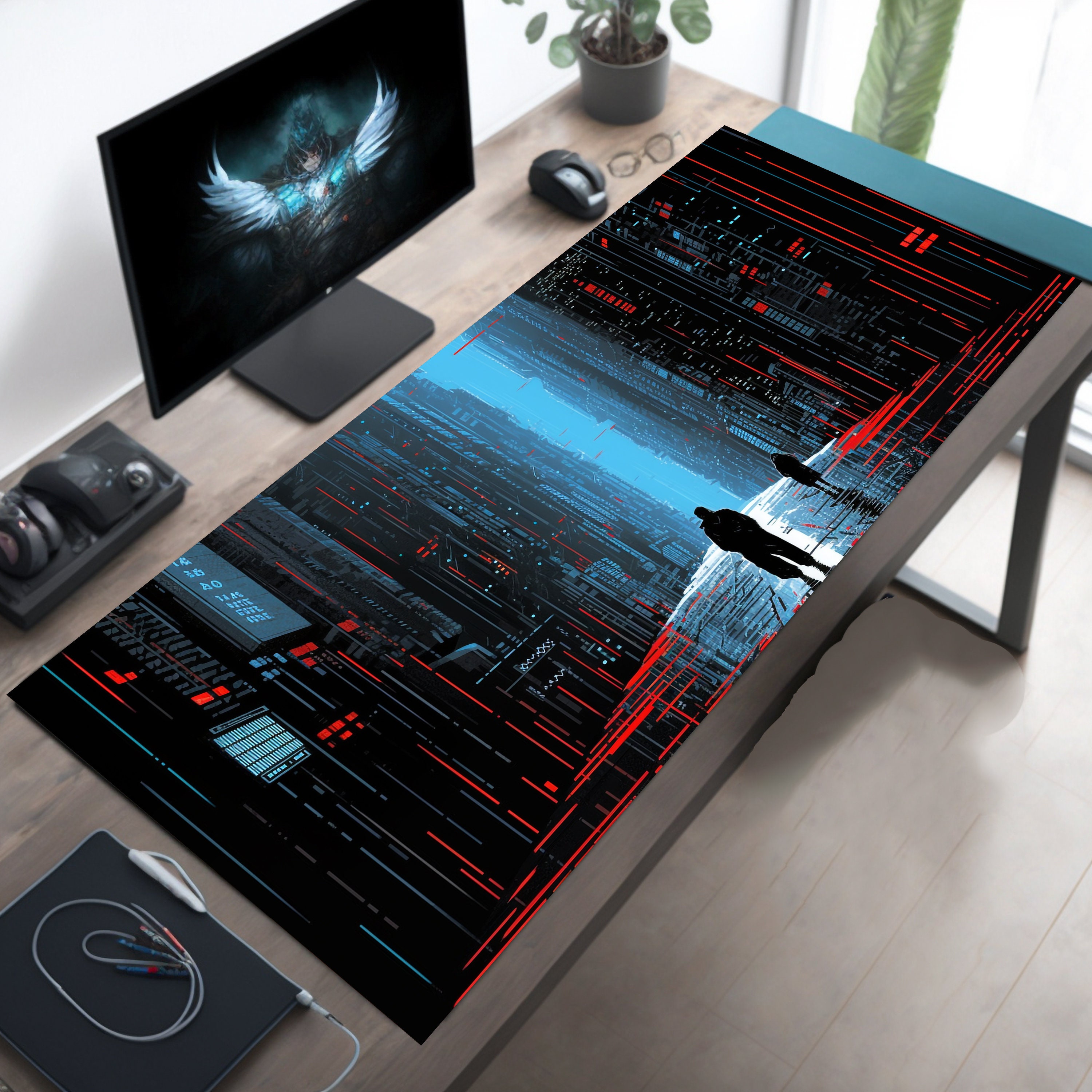 Dark Cyberpunk Desk Mat with Human Silhouettes