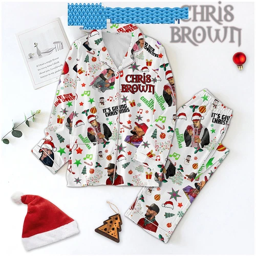 Chris Brown Its Giving Christmas Satin Pajamas Set
