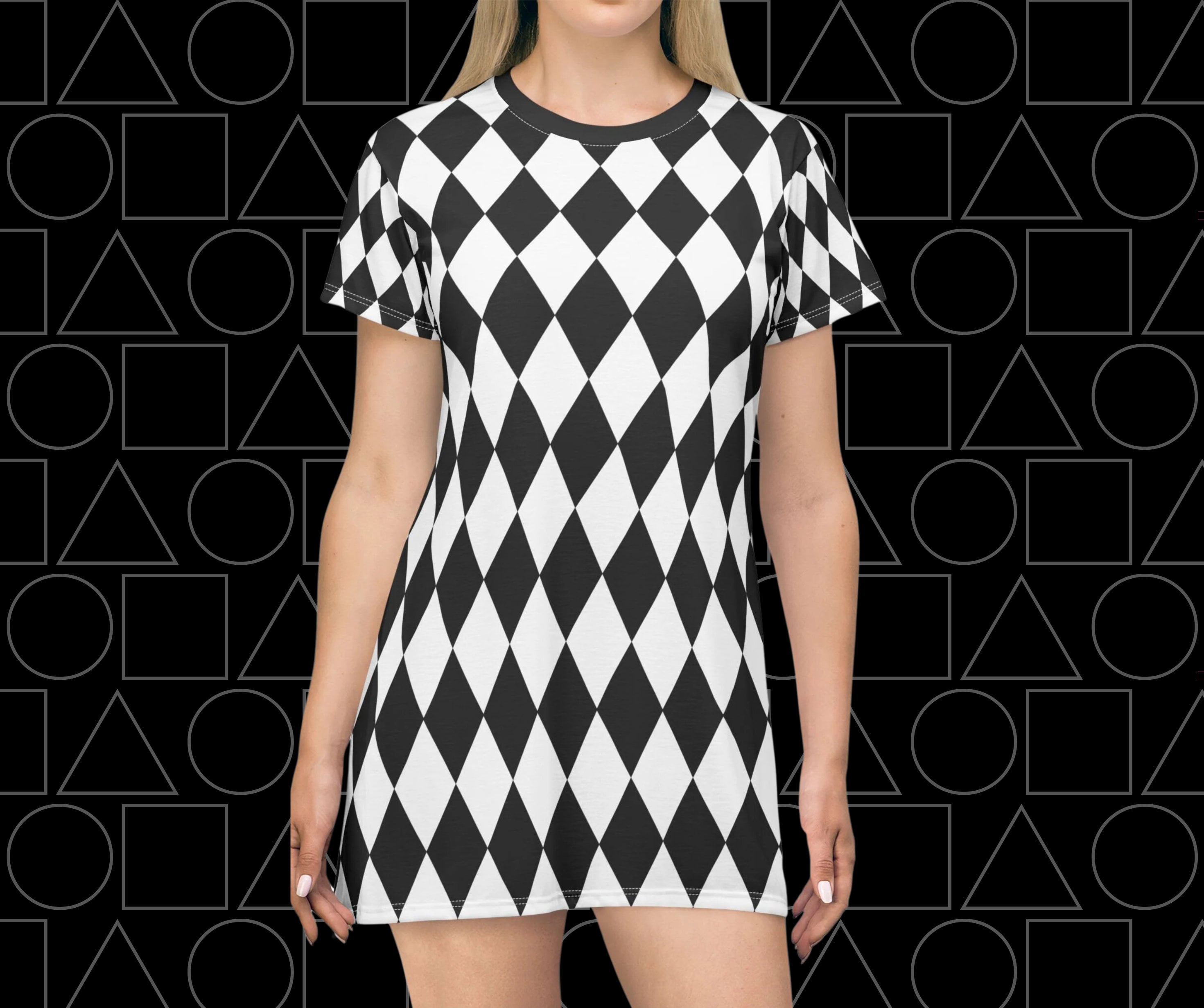 Black and White Diamond Graphic T shirt Dress, rhombus dress, Black and White Oversized Tshirt Dress, minimalist black and white mini dress.
