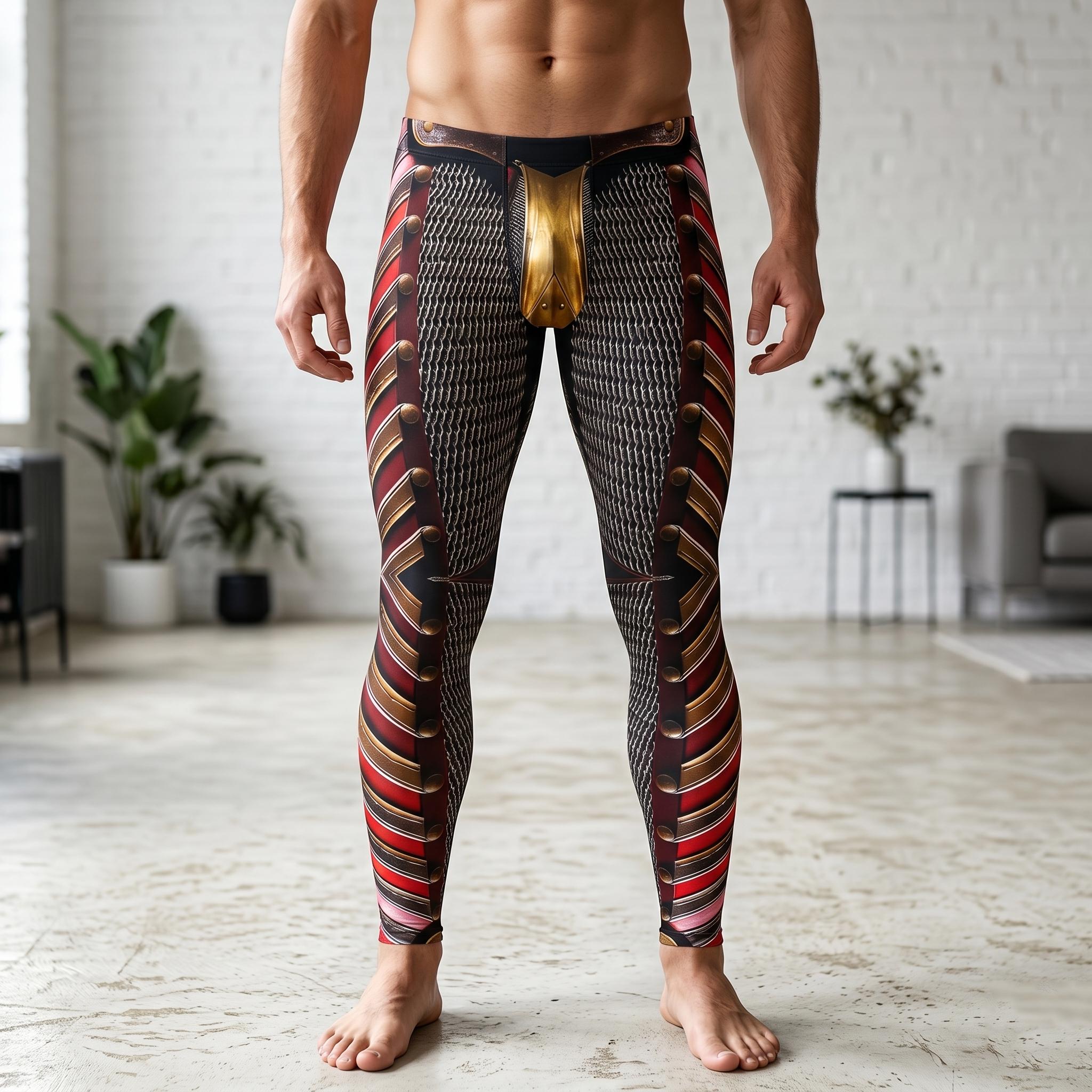 Red Gladiator Armor Leggings LARP Battle, Exoskeleton Workout Pants Chainmail Cycling Athletic Fitness Running Exercise Steampunk Wrestling