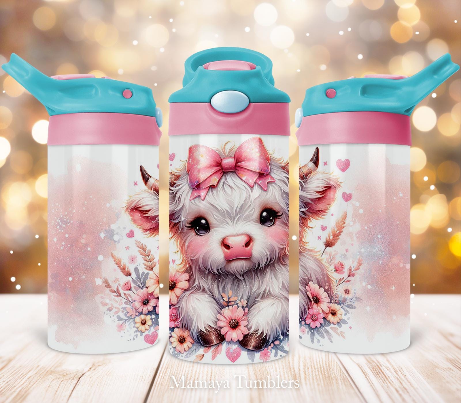 Highland cow 12oz Kids Flip Top Sippy Cup Tumbler Wrap, Cute cow with bow Flowers Tumbler