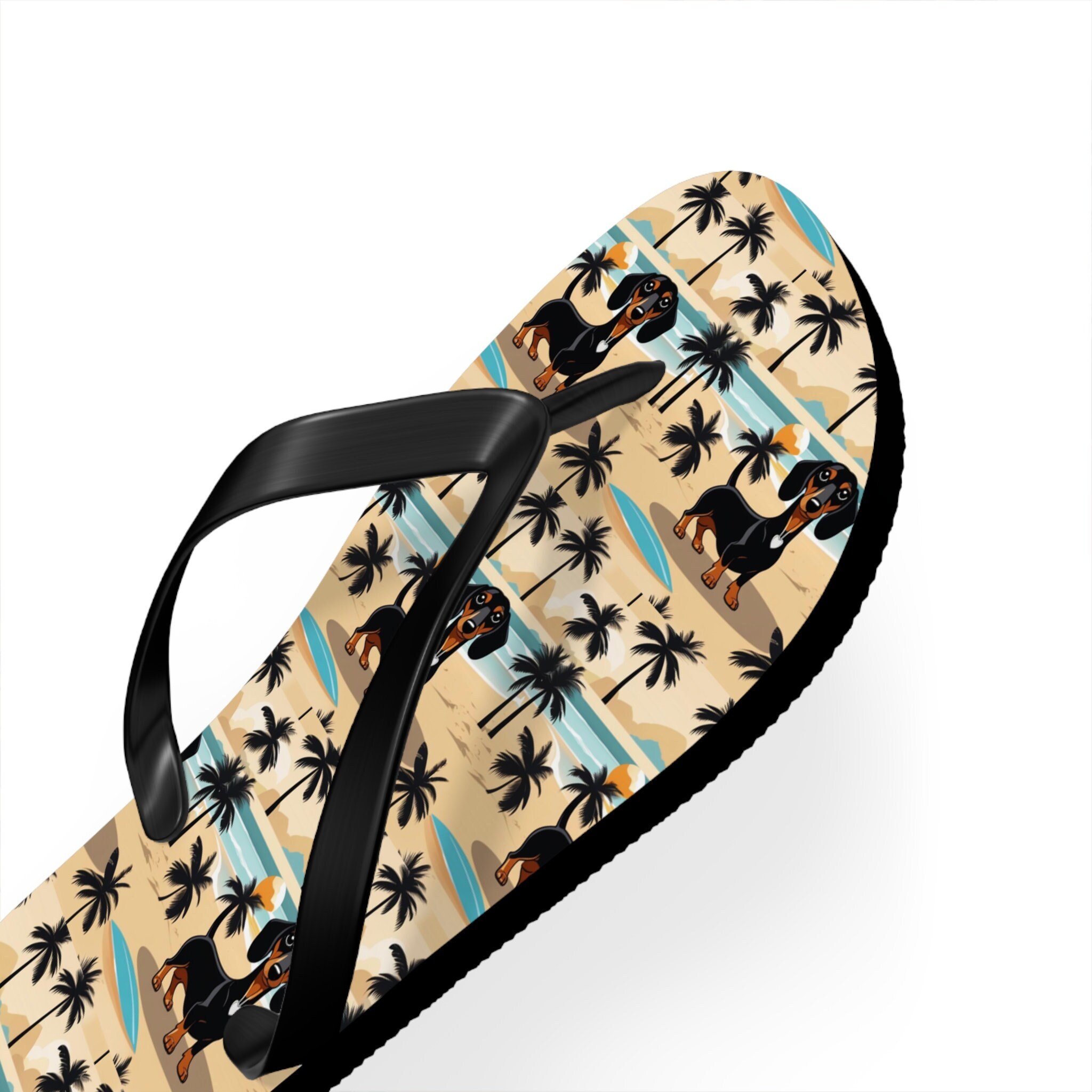 Black dachshund dogs on a beach with palm trees as a cartoon flip flops, summer beach rescue dachshund flip flop thong shoes