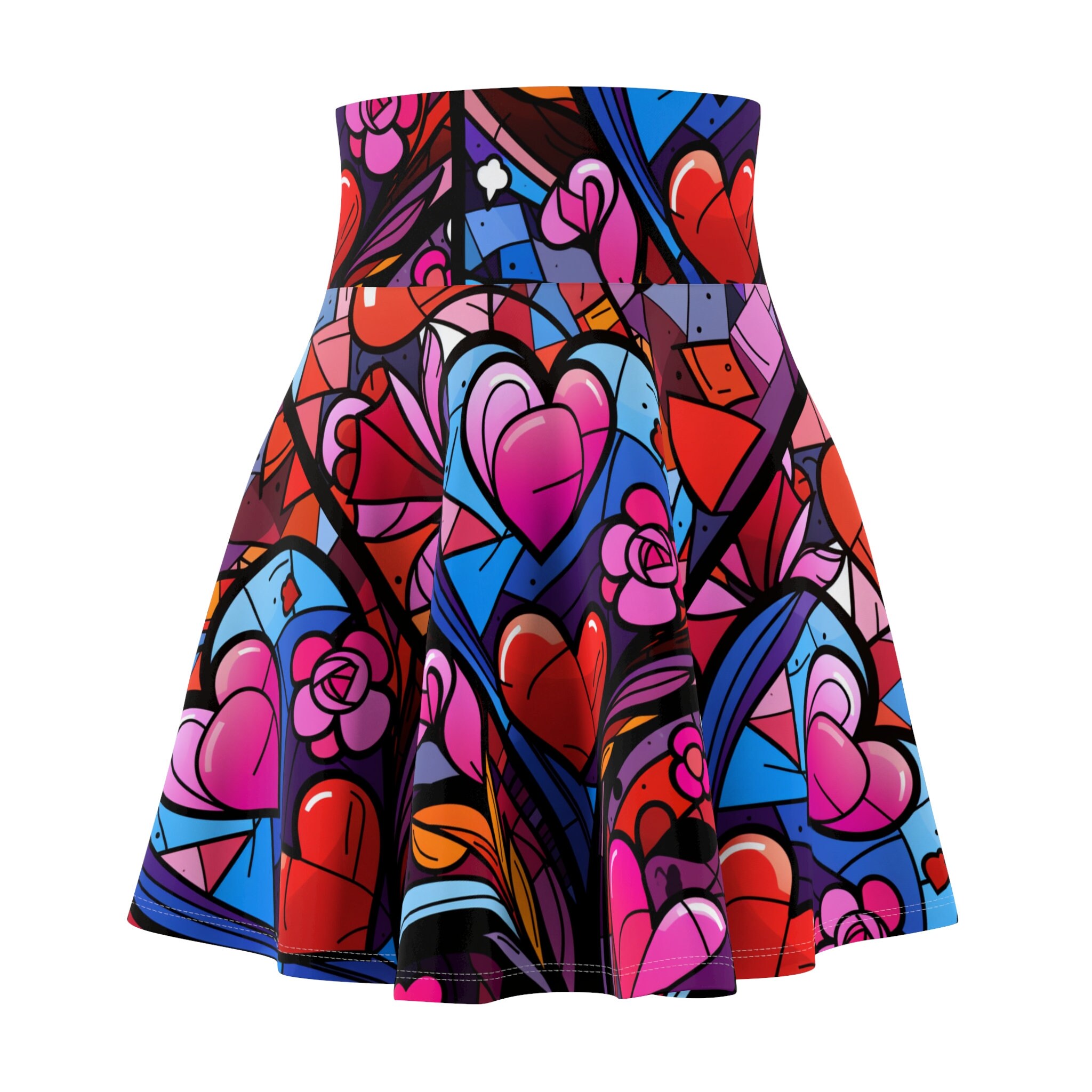 Hearts Symphony Women's Skater Skirt, Colorful Hearts Skirt by Amor4Life, Model 5
