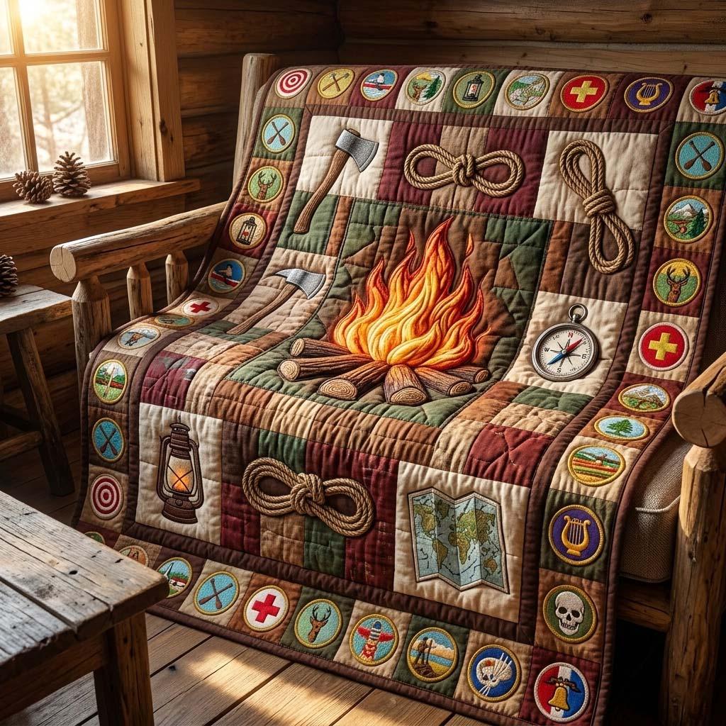 Campfire Quilt Blanket, Rustic Patchwork, Outdoor Cabin Decor, Hiking Lover Gift