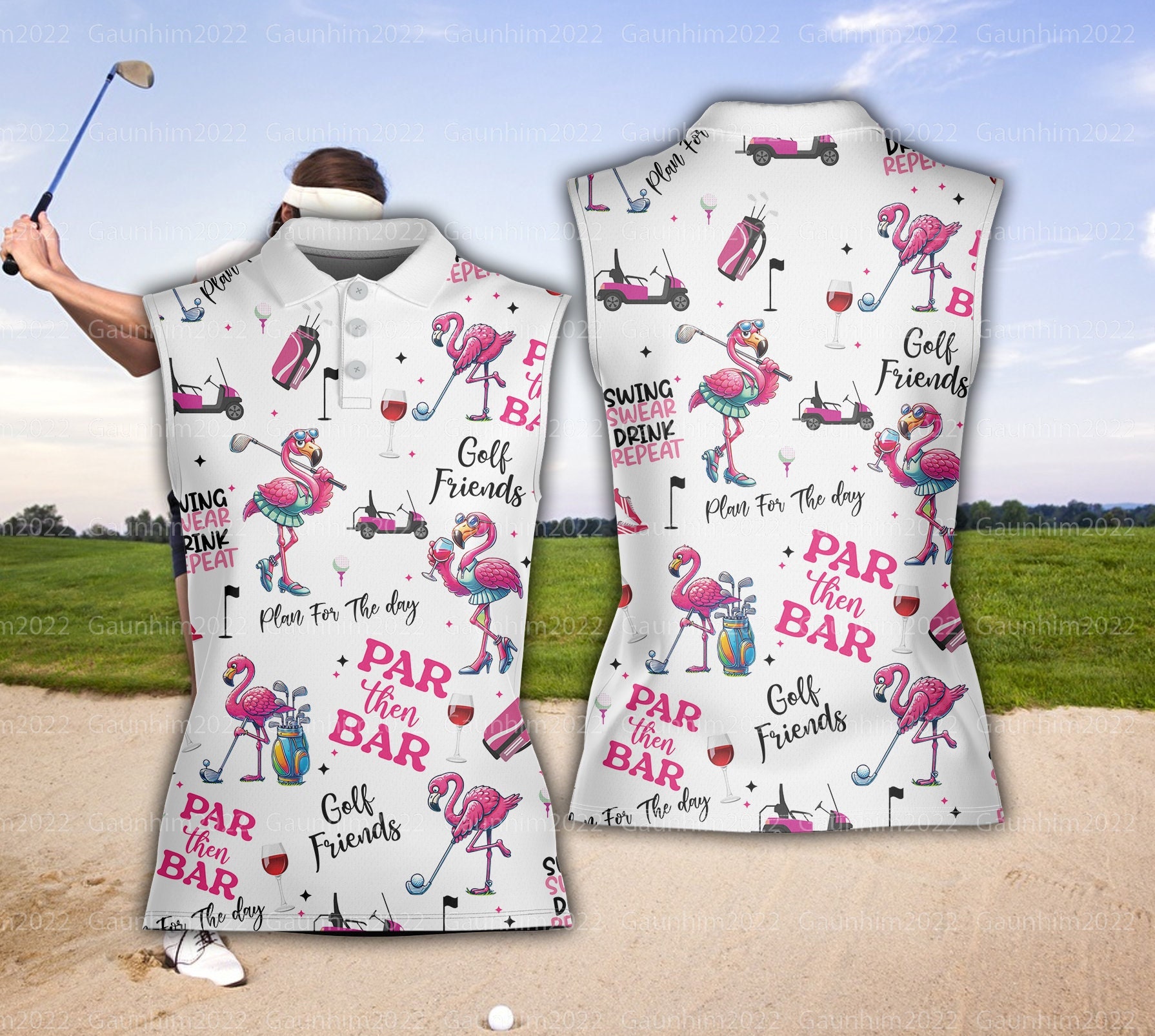 Flamingo Golf And Wine Polo Shirt, Funny Women Sleeveless Polo Shirt, Gift For Golfer, Matching Golf Teams Polo Shirt, Golf Lover Gift