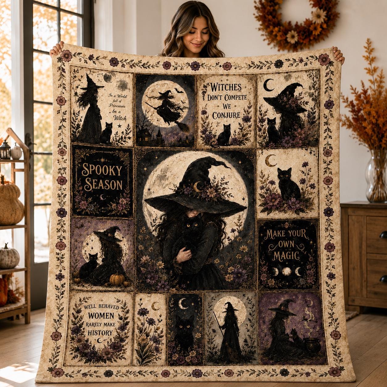 Witch Quilted Blanket, Feminist Halloween Blanket, Black Cat Witch Blanket, Cottagecore Gothic Quilt, Spooky Season Home Decor