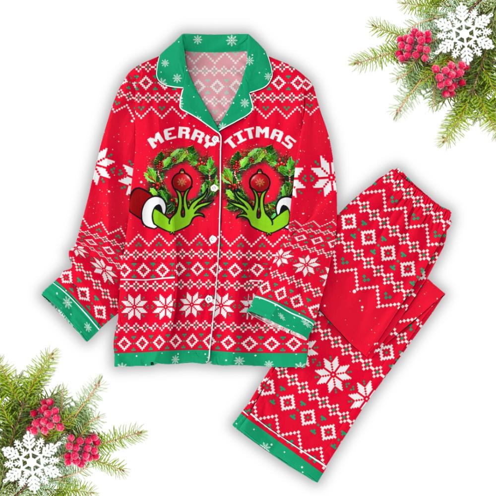 Merry Titmas Christmas Pajamas, Funny Holiday Pajamas, Xmas Long Sleeve Pajamas, Chest Nuts Pajamas, Pjs For Women, Christmas Gift