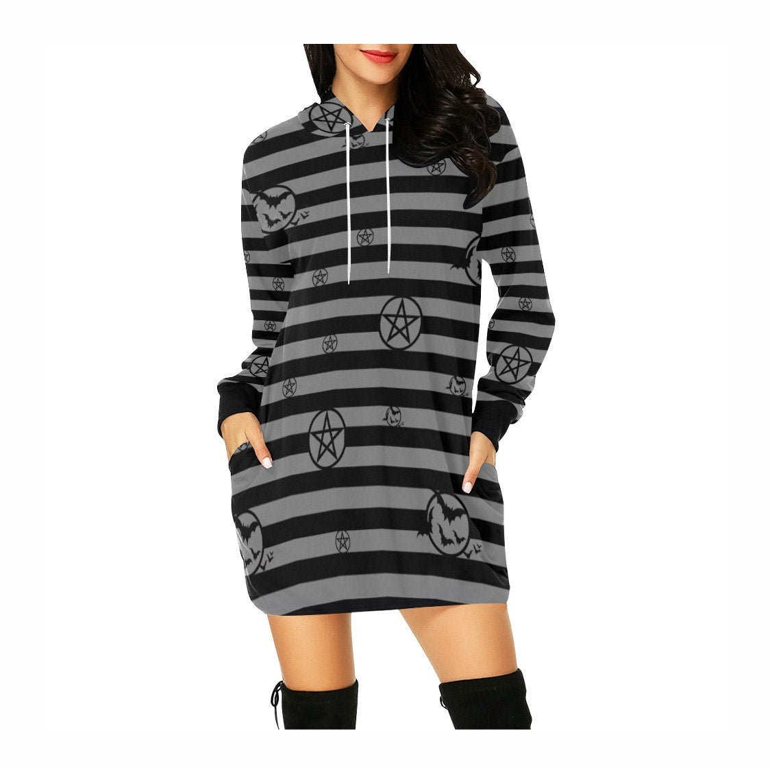 Striped Bats and Pentacle Halloween Hoodie Dress Long Sleeve, Halloween Cosplay Costume, Gift For Women